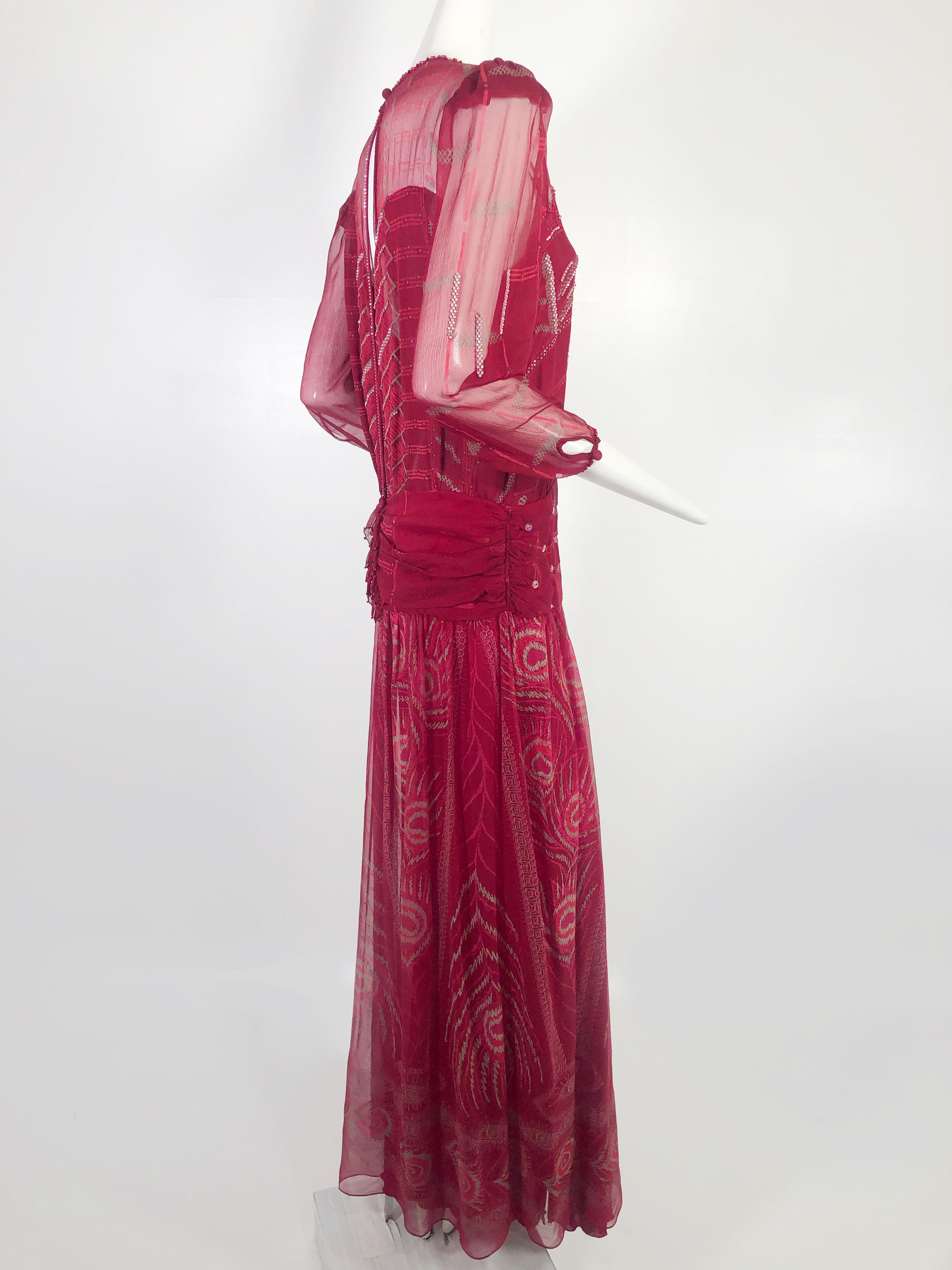 Women's Zandra Rhodes Scarlet Silk Printed BoHo Gown with Beadwork Embellishment   For Sale