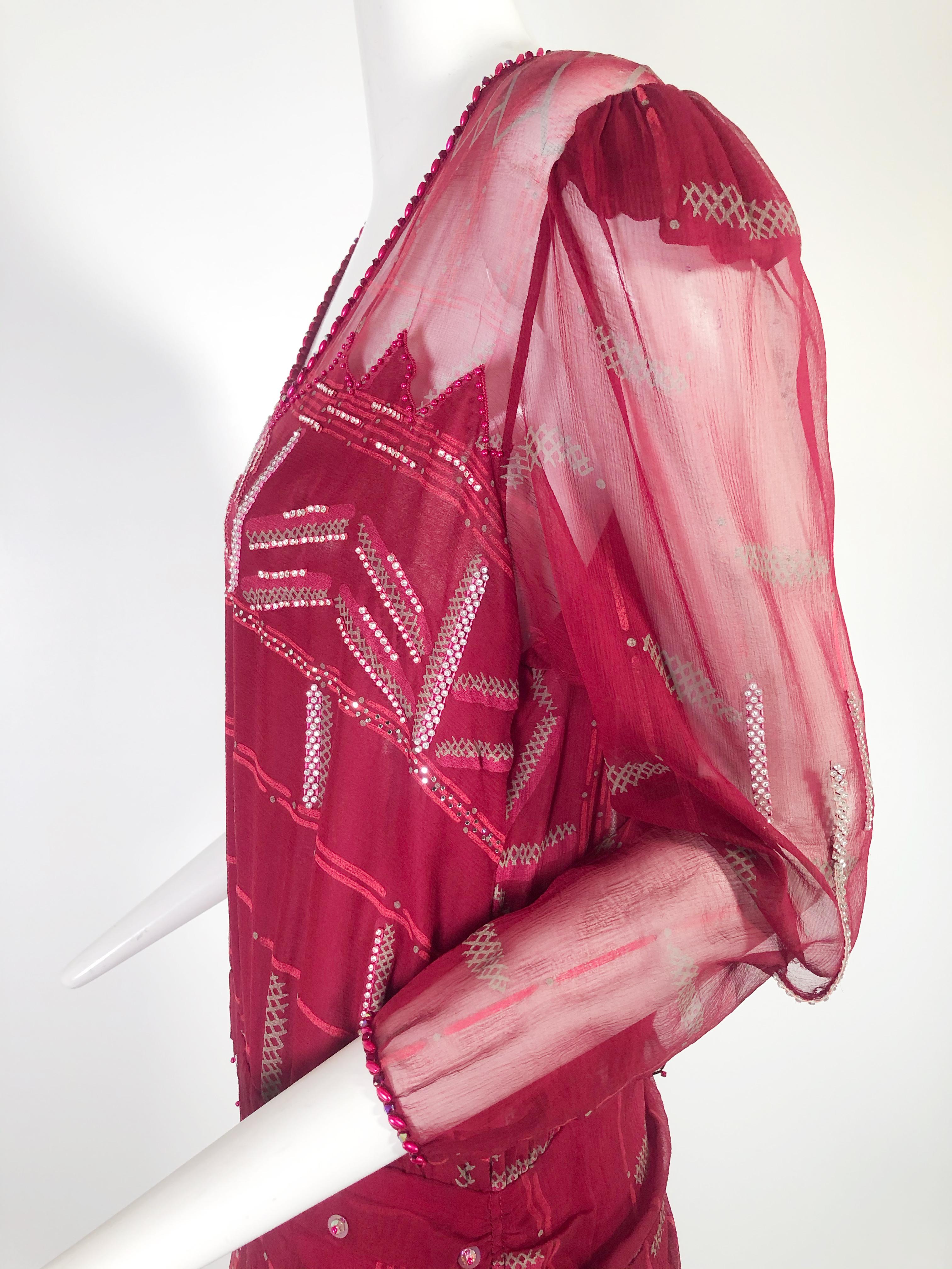 Zandra Rhodes Scarlet Silk Printed BoHo Gown with Beadwork Embellishment   For Sale 1