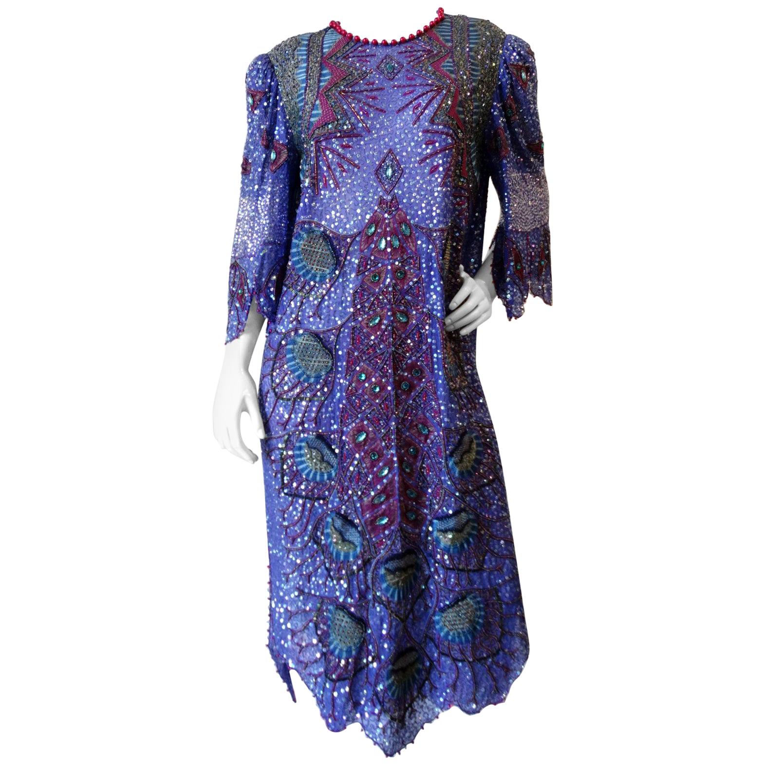 Zandra Rhodes Sequin Embellished Caftan Dress, 1980s 