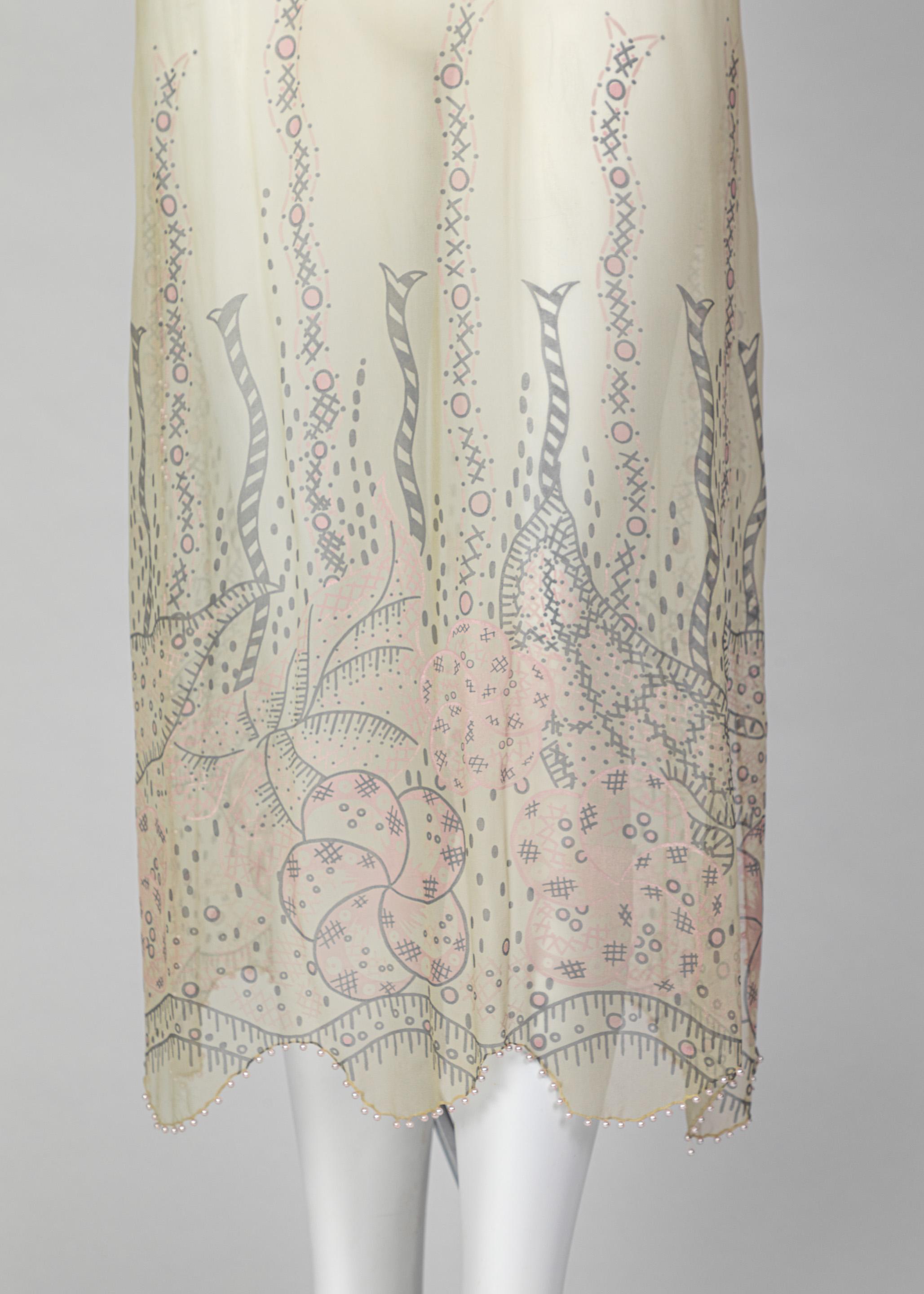 Zandra Rhodes Unlabelled Hand Painted Sheer Silk Pearl Edged Dress, 1980s 4
