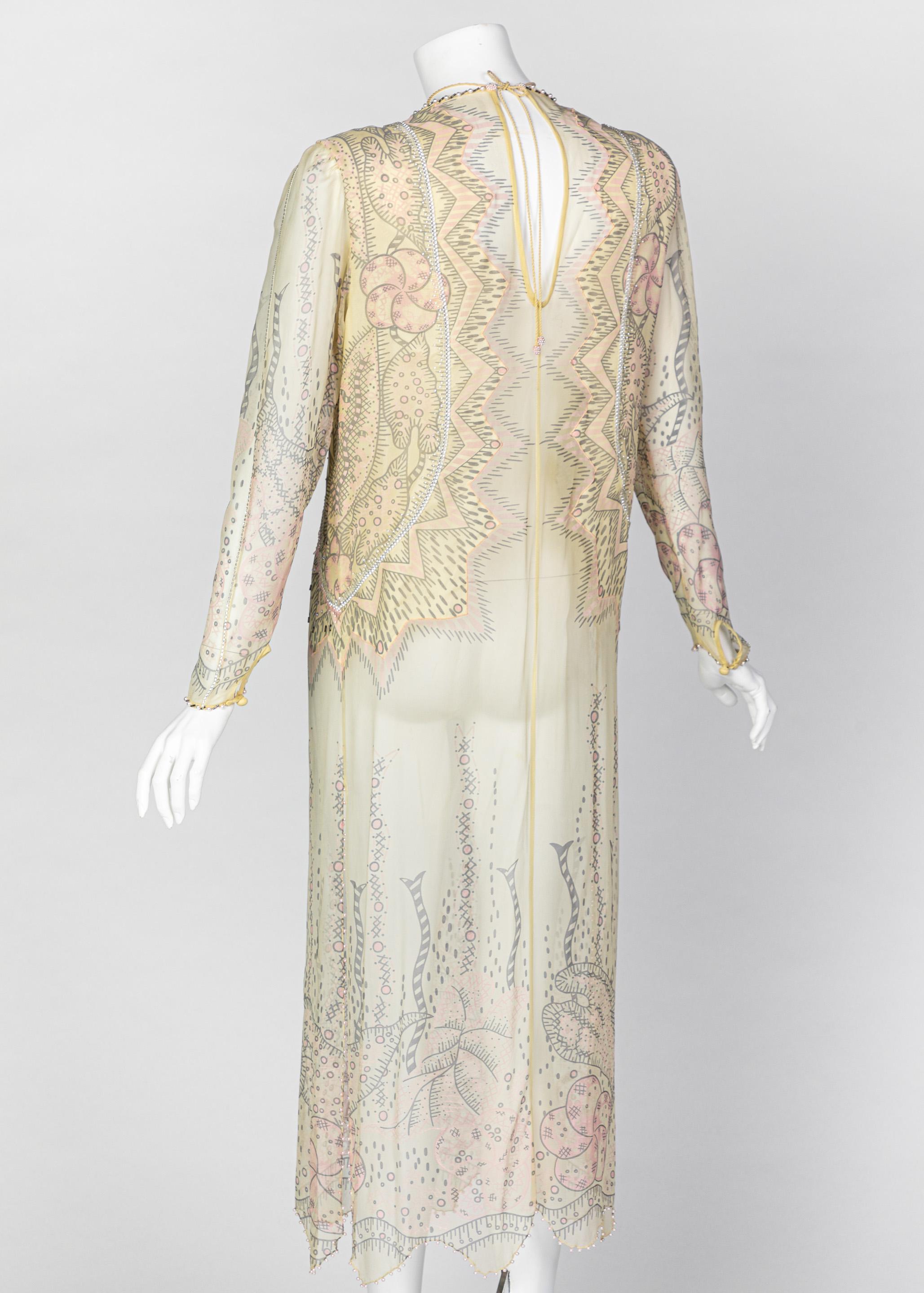 Beige Zandra Rhodes Unlabelled Hand Painted Sheer Silk Pearl Edged Dress, 1980s