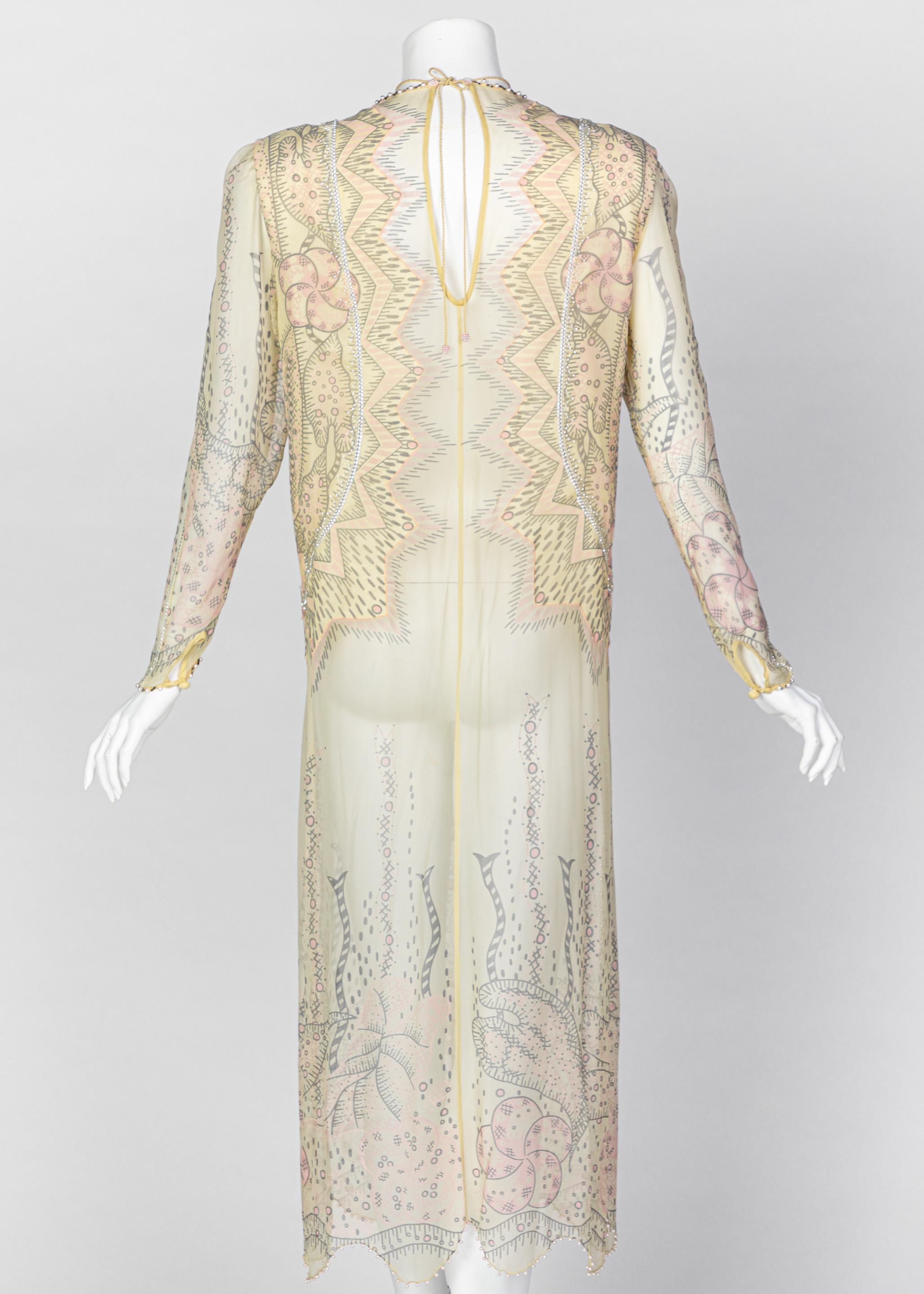 Zandra Rhodes Unlabelled Hand Painted Sheer Silk Pearl Edged Dress, 1980s In Excellent Condition In Boca Raton, FL
