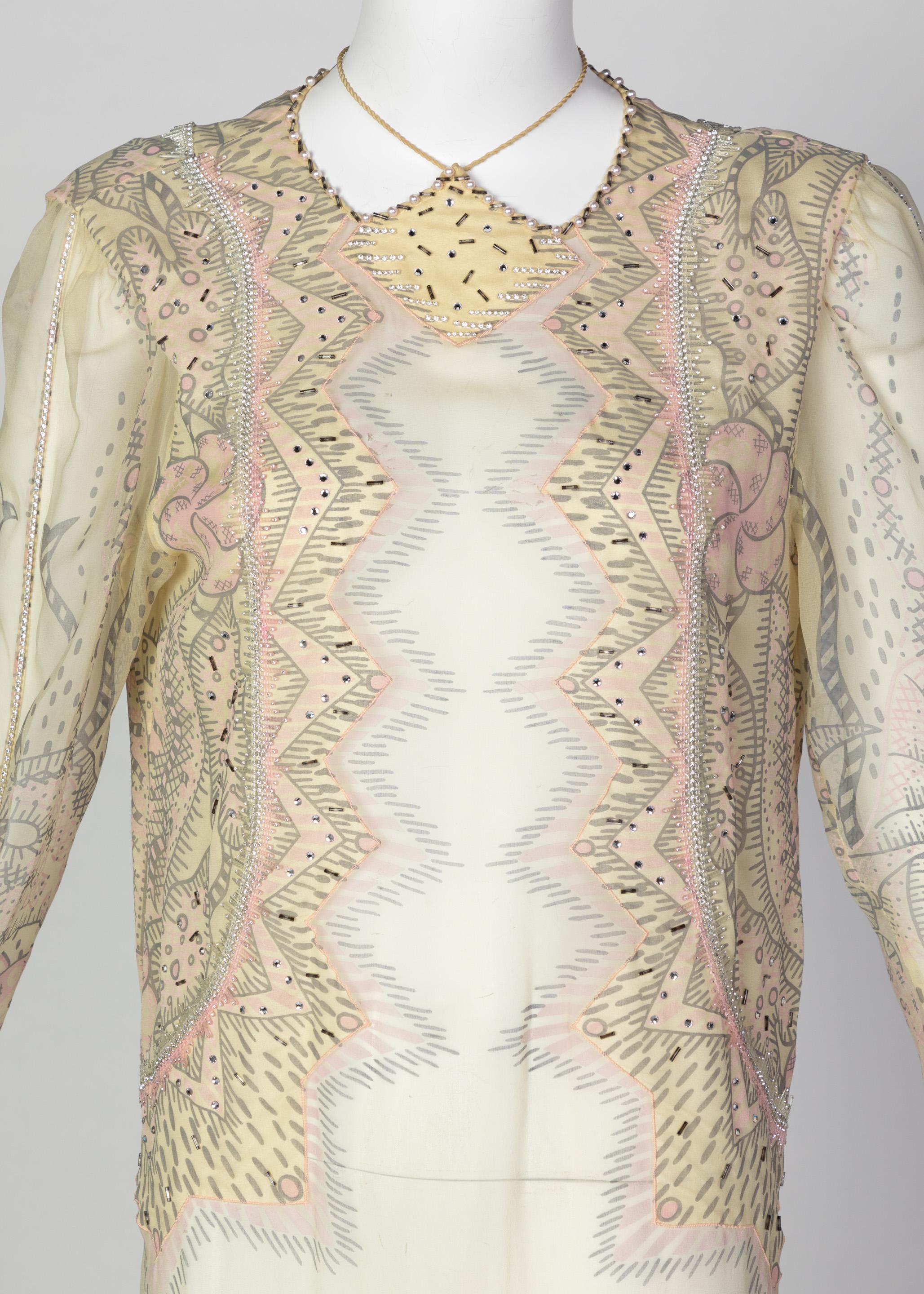 Zandra Rhodes Unlabelled Hand Painted Sheer Silk Pearl Edged Dress, 1980s 1