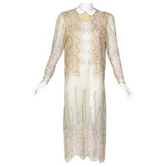 Zandra Rhodes Unlabelled Hand Painted Sheer Silk Pearl Edged Dress, 1980s