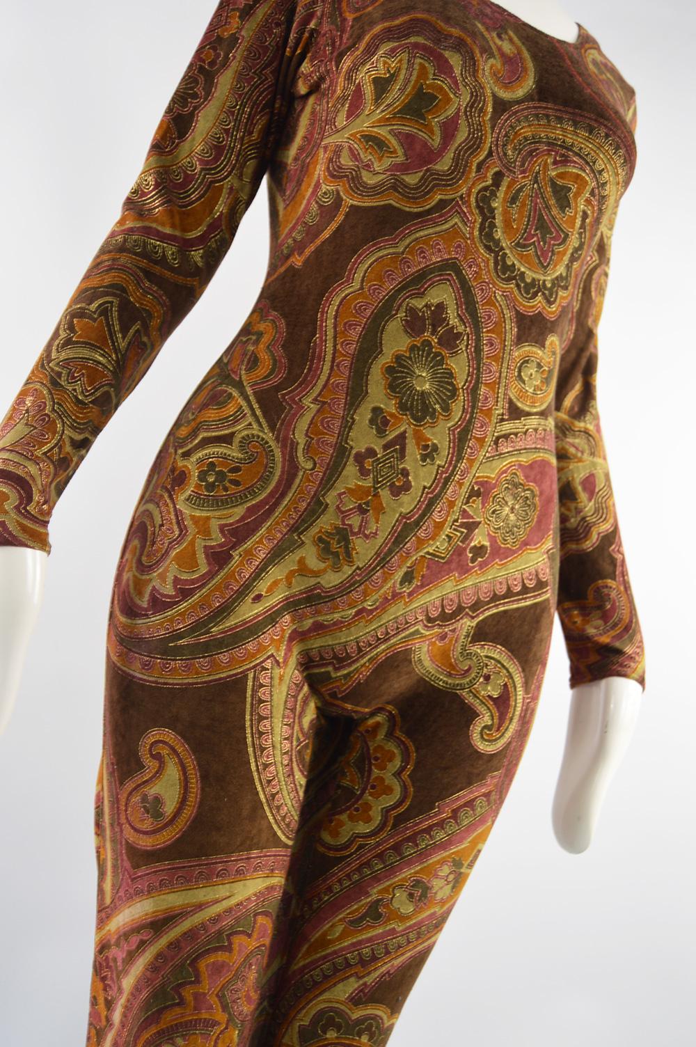 Zandra Rhodes Vintage Brown & Gold Paisley Hand Printed Velour Catsuit In Excellent Condition For Sale In Doncaster, South Yorkshire
