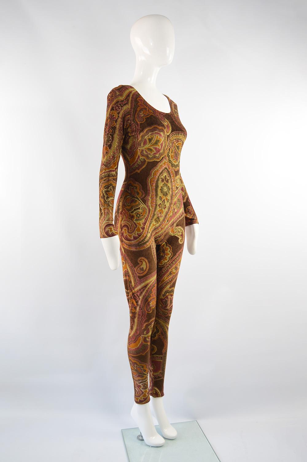 Women's Zandra Rhodes Vintage Brown & Gold Paisley Hand Printed Velour Catsuit For Sale