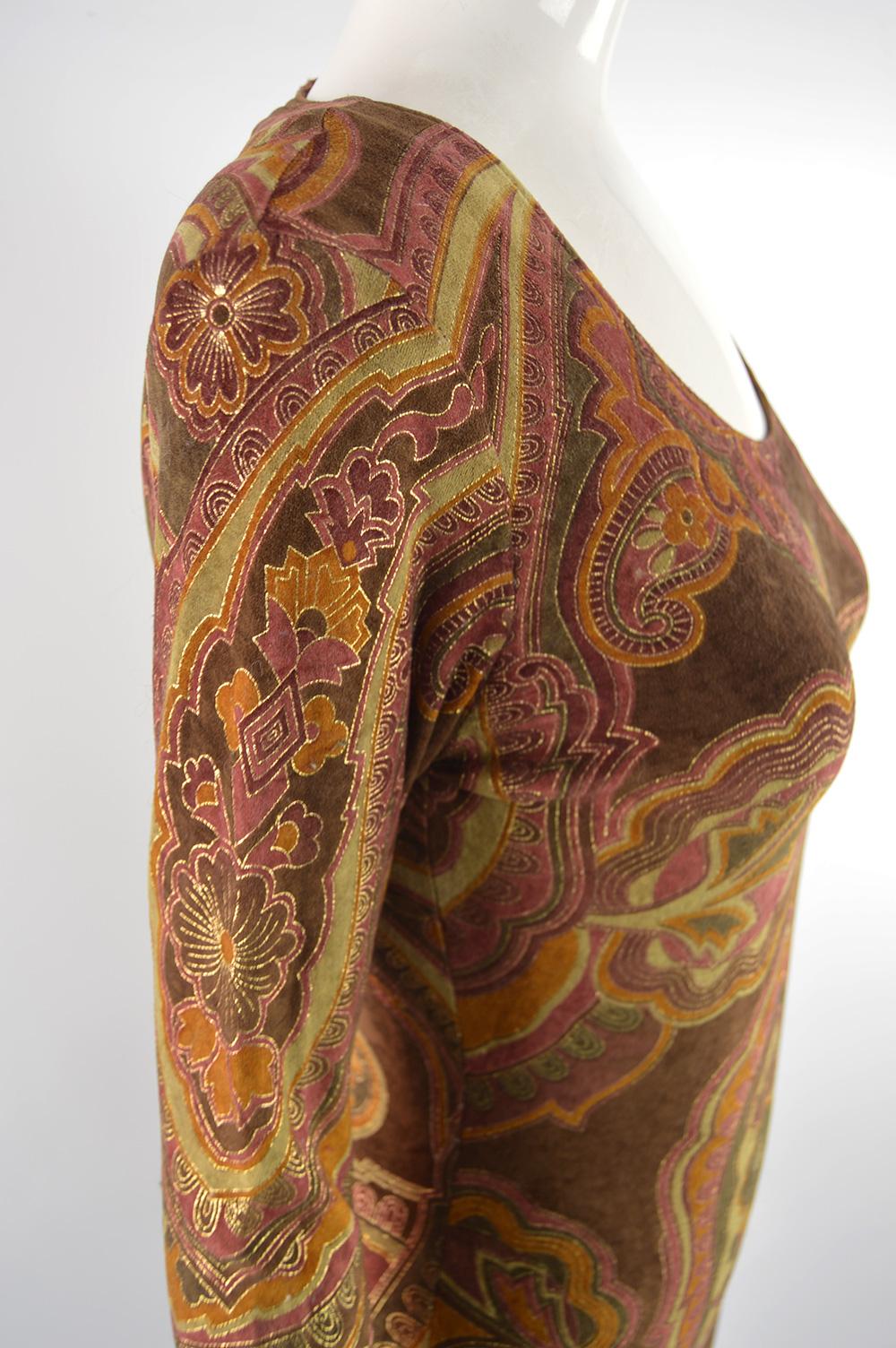 Zandra Rhodes Vintage Brown & Gold Paisley Hand Printed Velour Catsuit For Sale 1