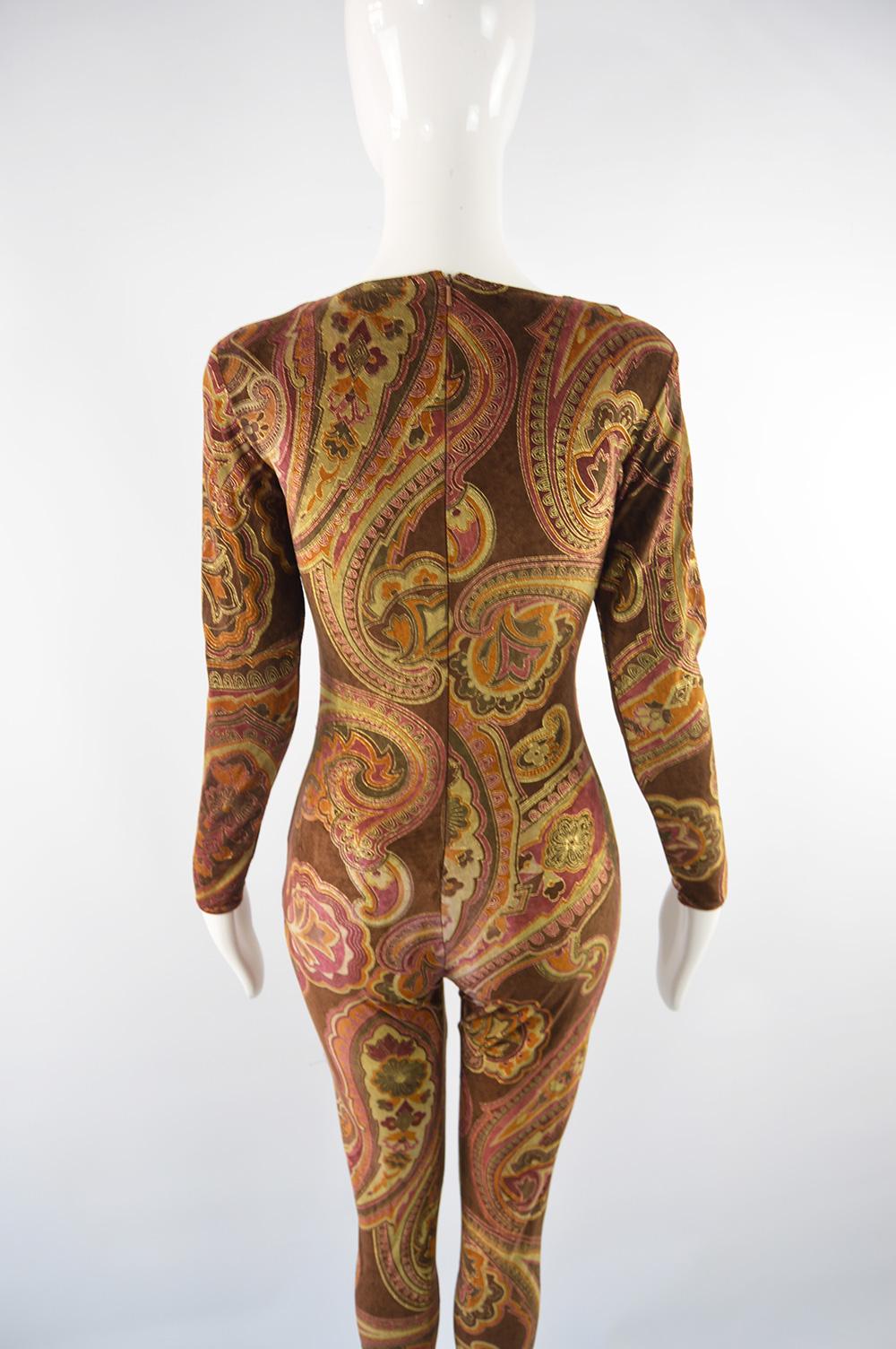 Zandra Rhodes Vintage Brown & Gold Paisley Hand Printed Velour Catsuit For Sale 2
