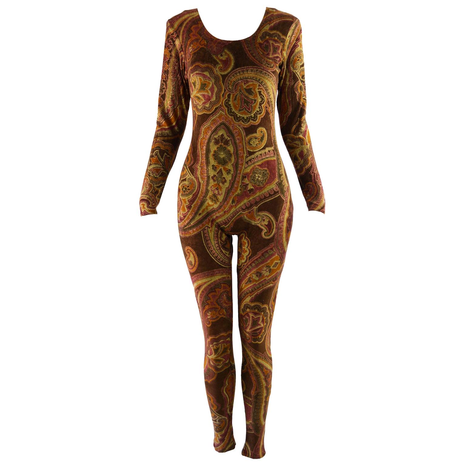Zandra Rhodes Vintage Brown & Gold Paisley Hand Printed Velour Catsuit For Sale