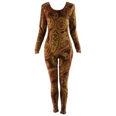 Zandra Rhodes Vintage Brown & Gold Paisley Hand Printed Velour Catsuit