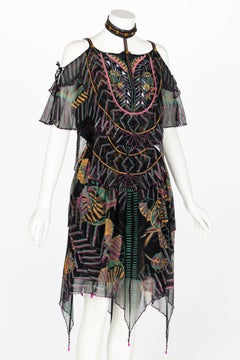 Zandra Rhodes - Set di Top e Gonna in Seta e Pelle Dipinto a Mano Vintage