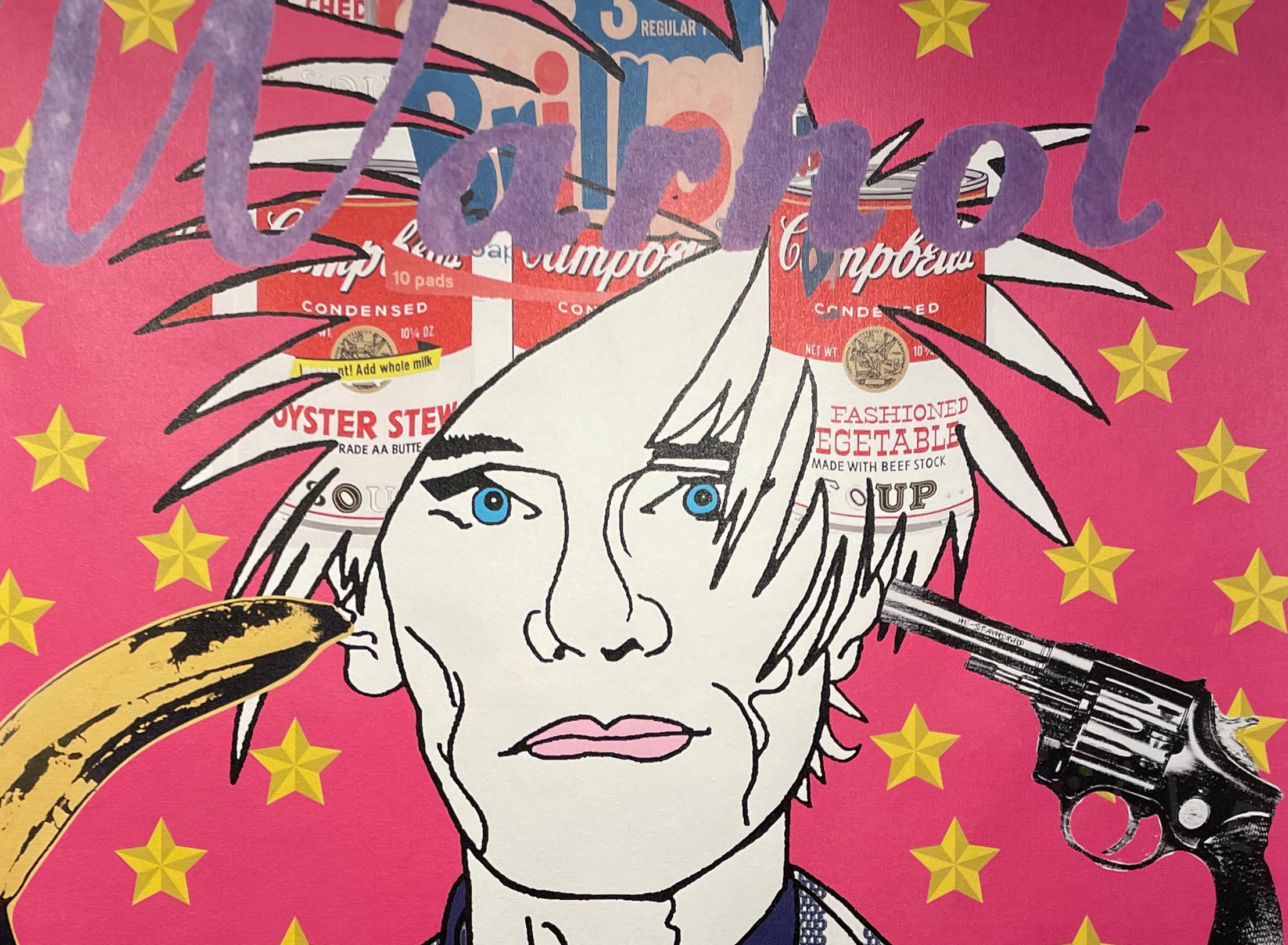 Contemporary Pop Art Screenprint on canvas, created in 2020.  Artist Zane Fix  portrait of Andy Warhol embellished with some of his most iconic graphics.  AP/ Artist Proof.

Ink on 40  x 32 inch canvas. Limited Edition signed and numbered by the