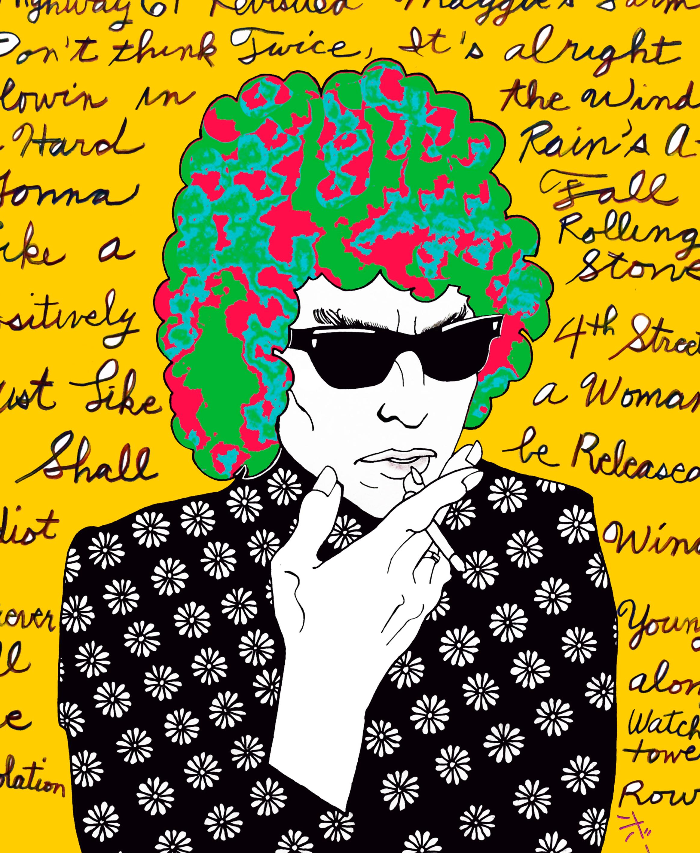 Bob Dylan (Gold)  portrait print ink on rice paper - Pop Art Print by Zane Fix