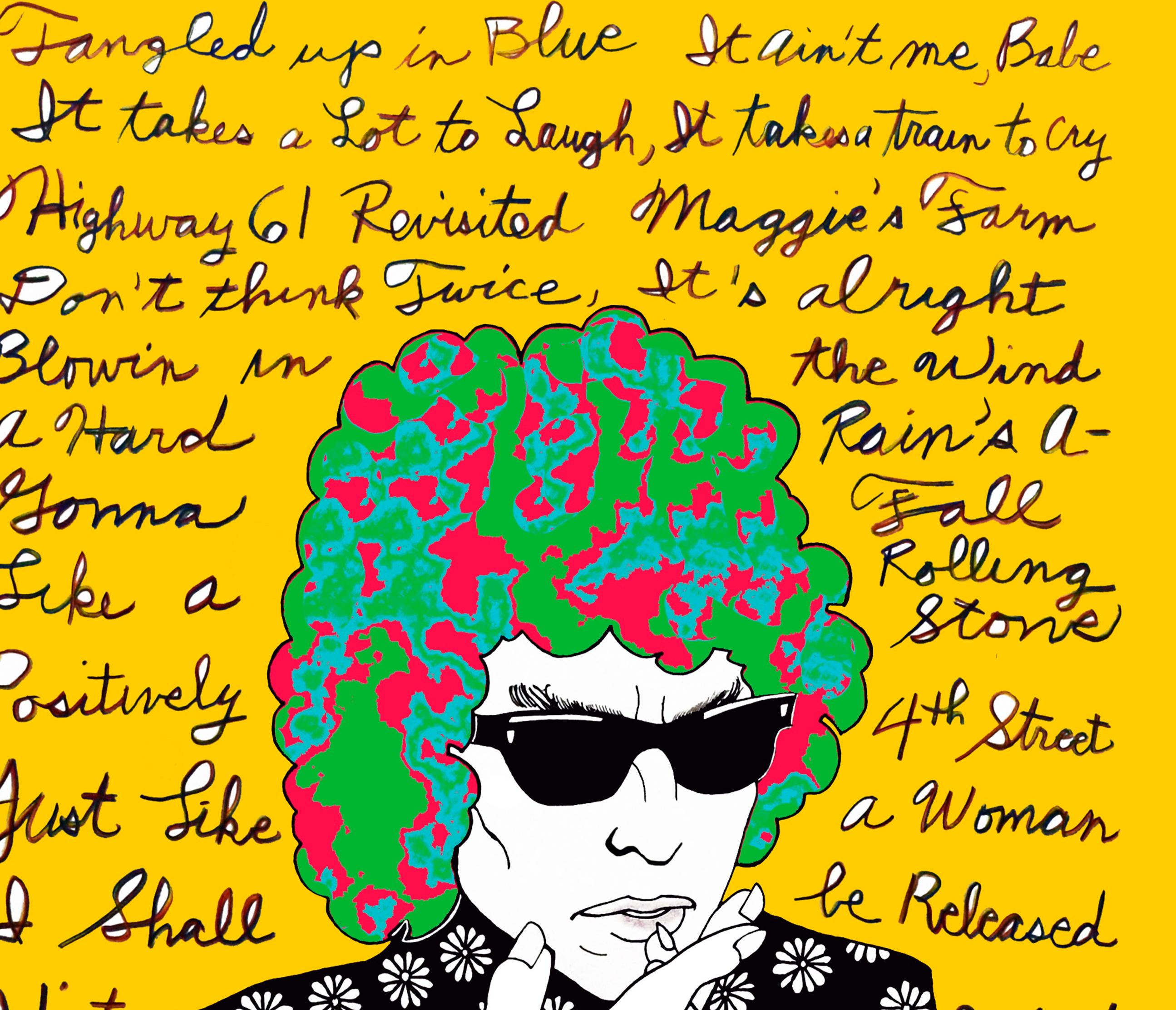 Contemporary Pop Art Screenprint on rice paper, created in 2015.  Artist Zane Fix’s  portrait of Bob Dylan incorporating some of his most iconic song titles.  All prints are in edition, signed, numbered and dated, in pencil, by the artist.

Ink on