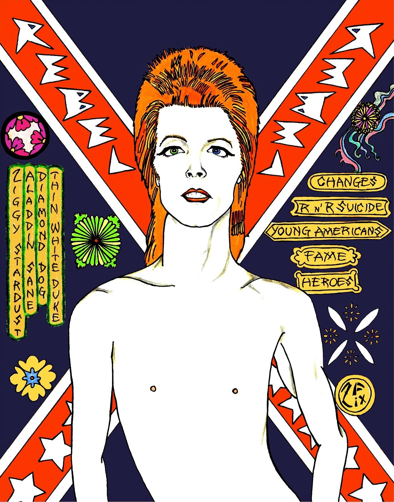 David Bowie (Navy) portrait print ink on rice paper - Print by Zane Fix