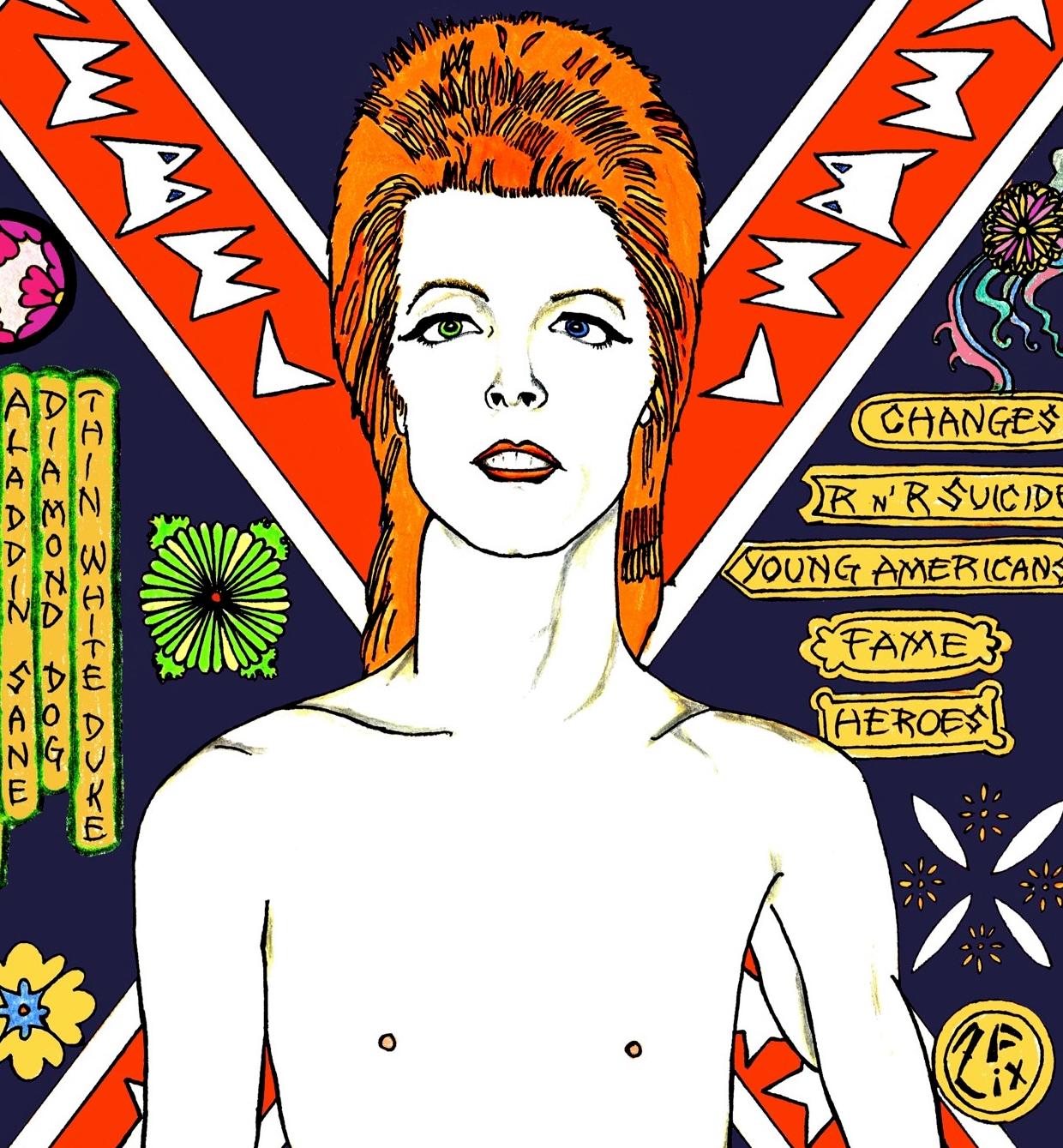 David Bowie (Navy) portrait print ink on rice paper - Pop Art Print by Zane Fix