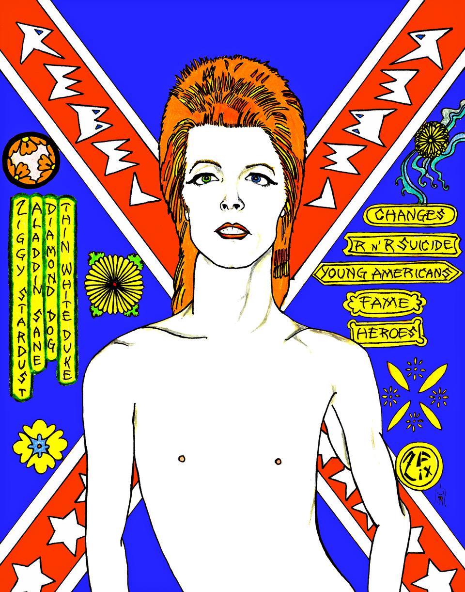 David Bowie Rebel in Schwarz – Print von Zane Fix
