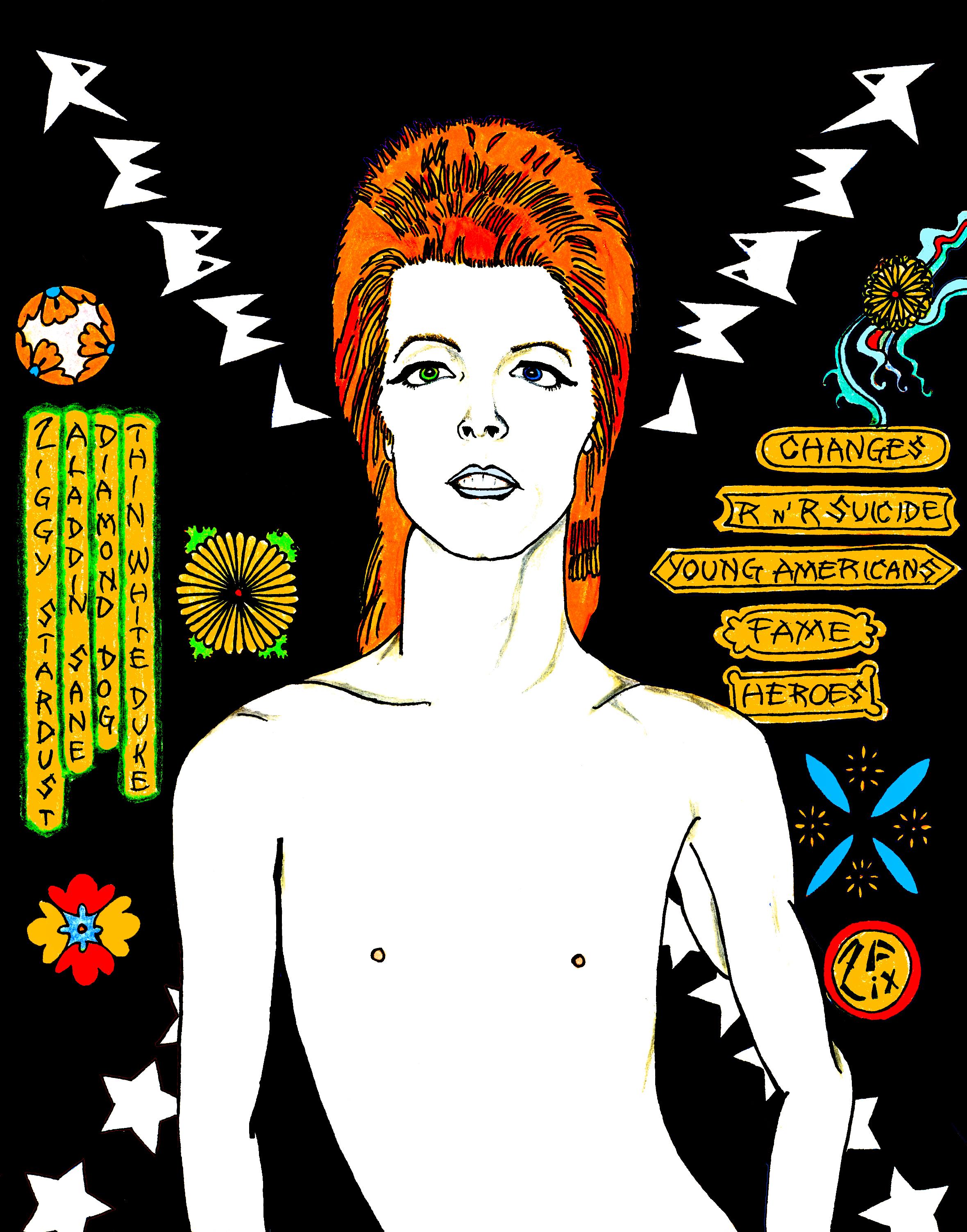 Zane Fix Figurative Print - David Bowie Rebel Rebel in Black