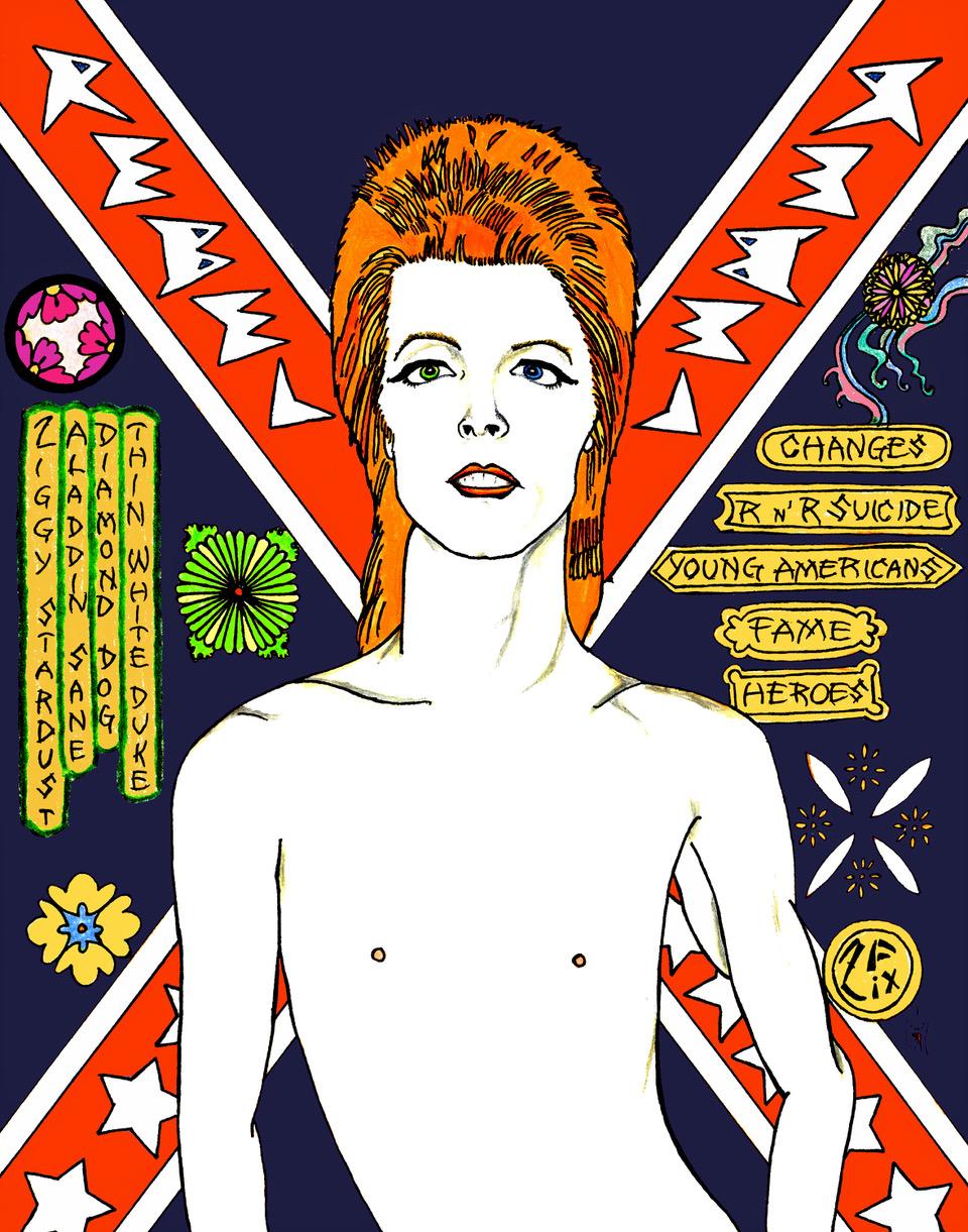 Zane Fix Figurative Print - David Bowie Rebel Rebel in Navy  Blue