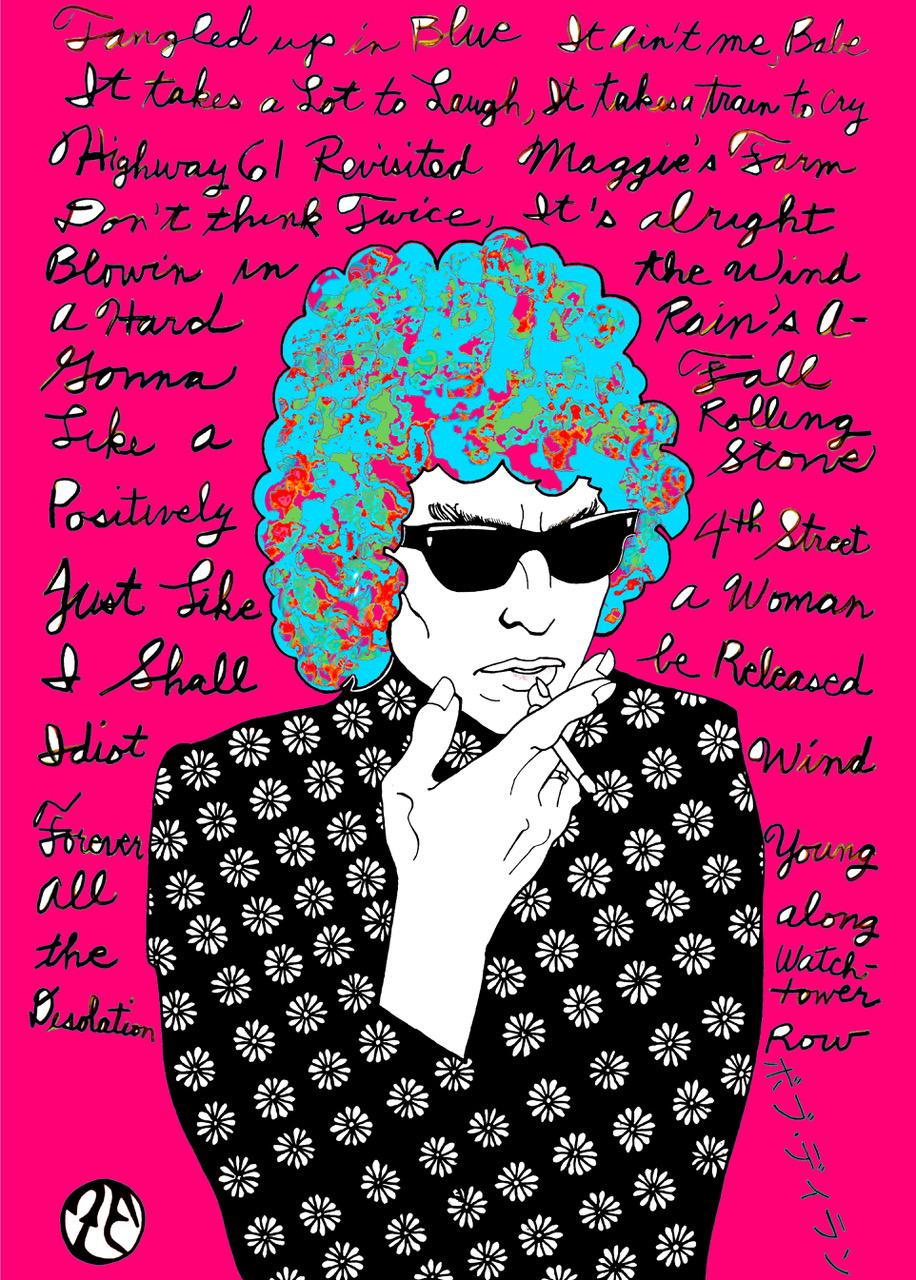 Bob Dylan 
Hand worked,
Unframed
Editioned series
Original pop art by contemporary artist Zane Fix addressing modern subjects that are executed in the traditional Japanese woodblock (Ukiyo-e) style.

World-renowned guru of Jap Pop Art - Zane Fix, is