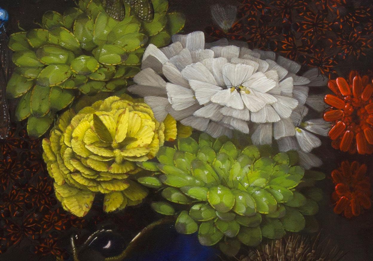 Arrangement IV, Contemporary Still Life, Flowers, Dragonfly, Reflection - Painting by Zane York