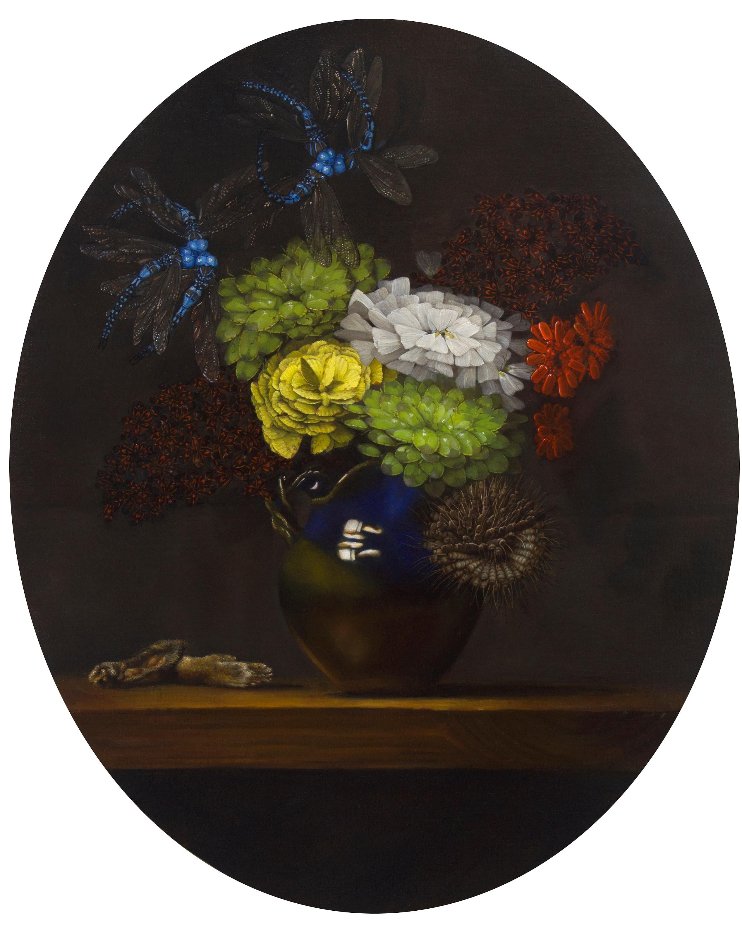 Zane York Still-Life Painting - Arrangement IV, Contemporary Still Life, Flowers, Dragonfly, Reflection