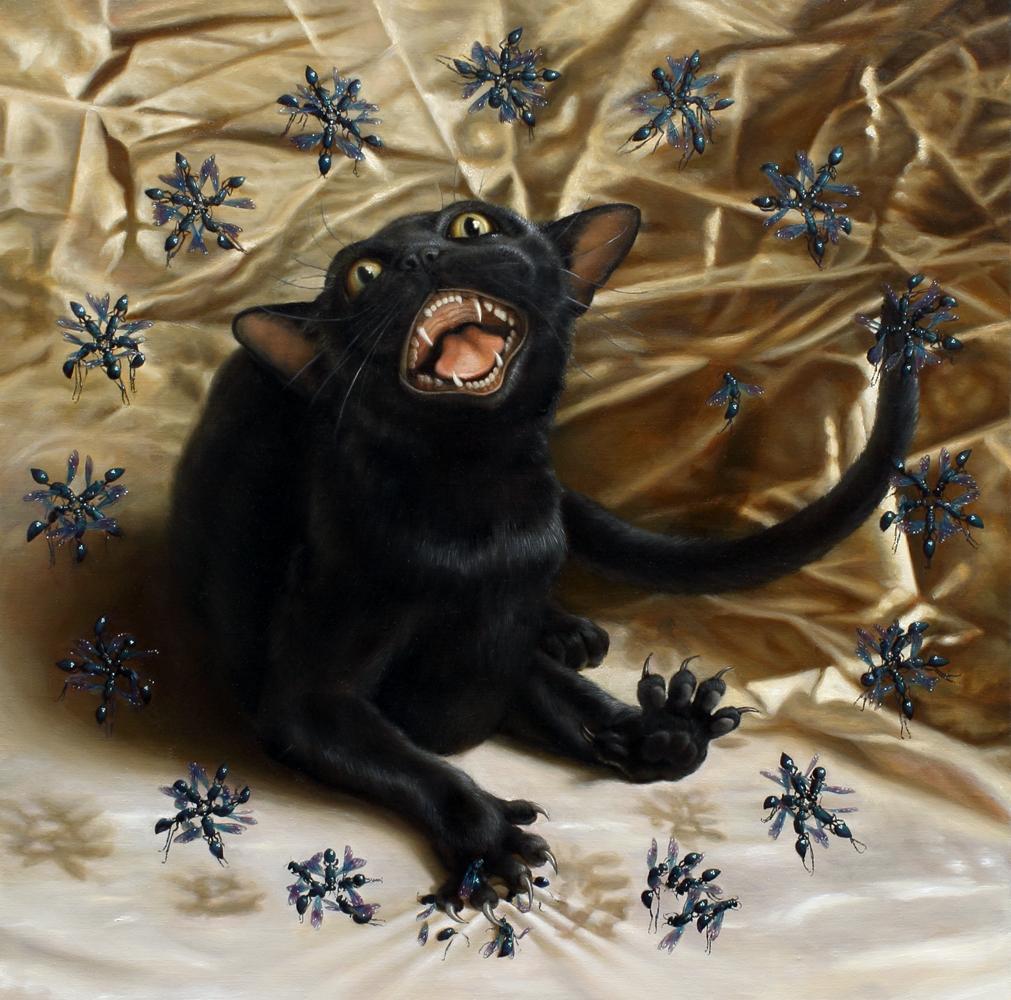 Zane York Interior Painting - "Cat with Wasps" Oil Painting