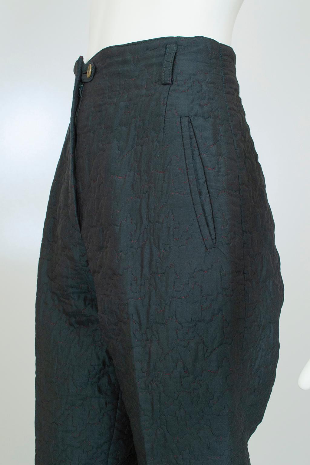 Zanella Petrol Green Silk Peg Leg Capri Trousers with Red Quilting – XS, 1990s In Good Condition For Sale In Tucson, AZ