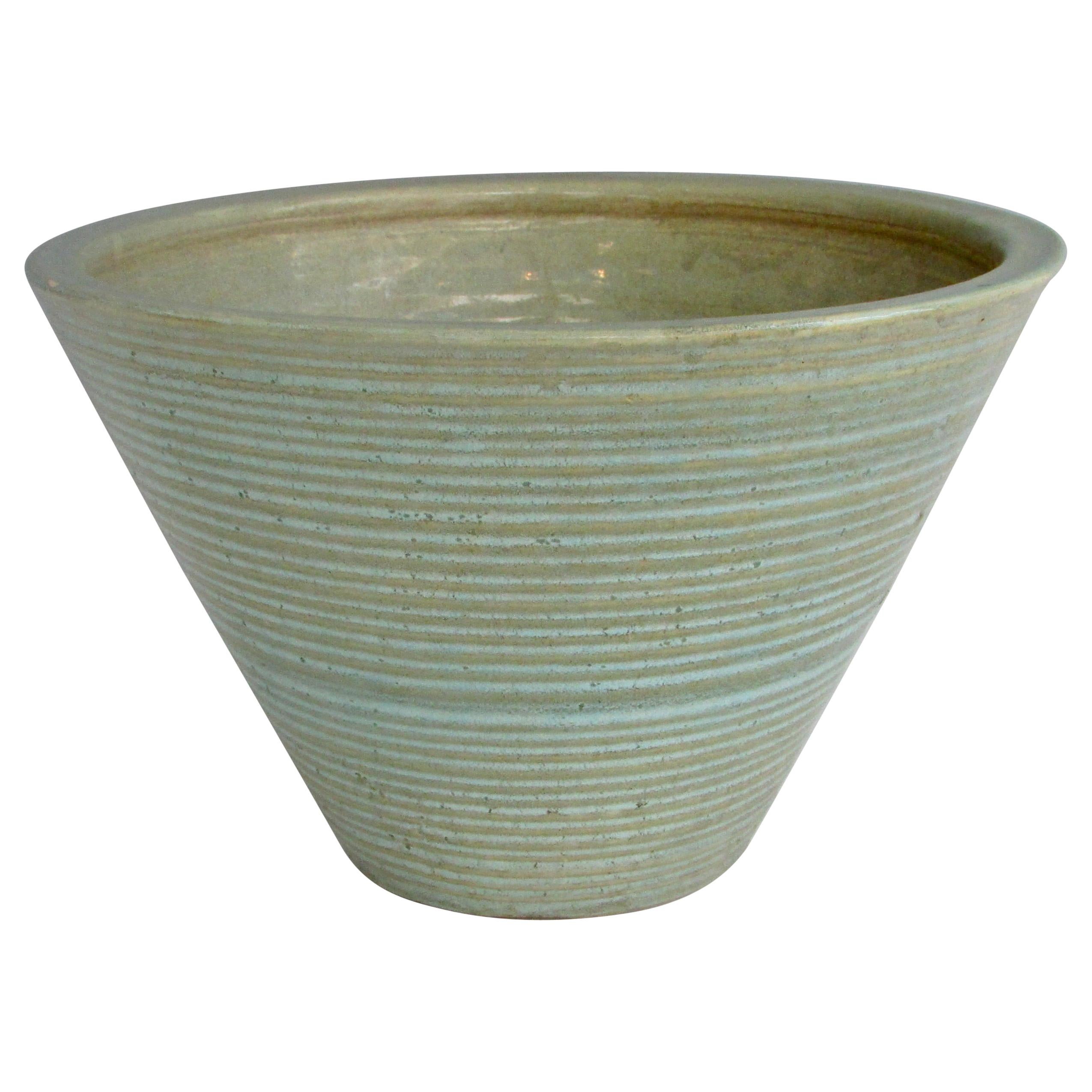 Zanesville Pottery Homespun Planter Pot Aqua with Green Ribs