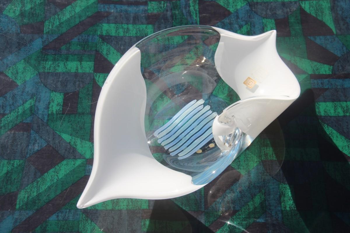 Zanetti Big Bowl in Murano Glass White and Light Blue Clear Shell Design 4