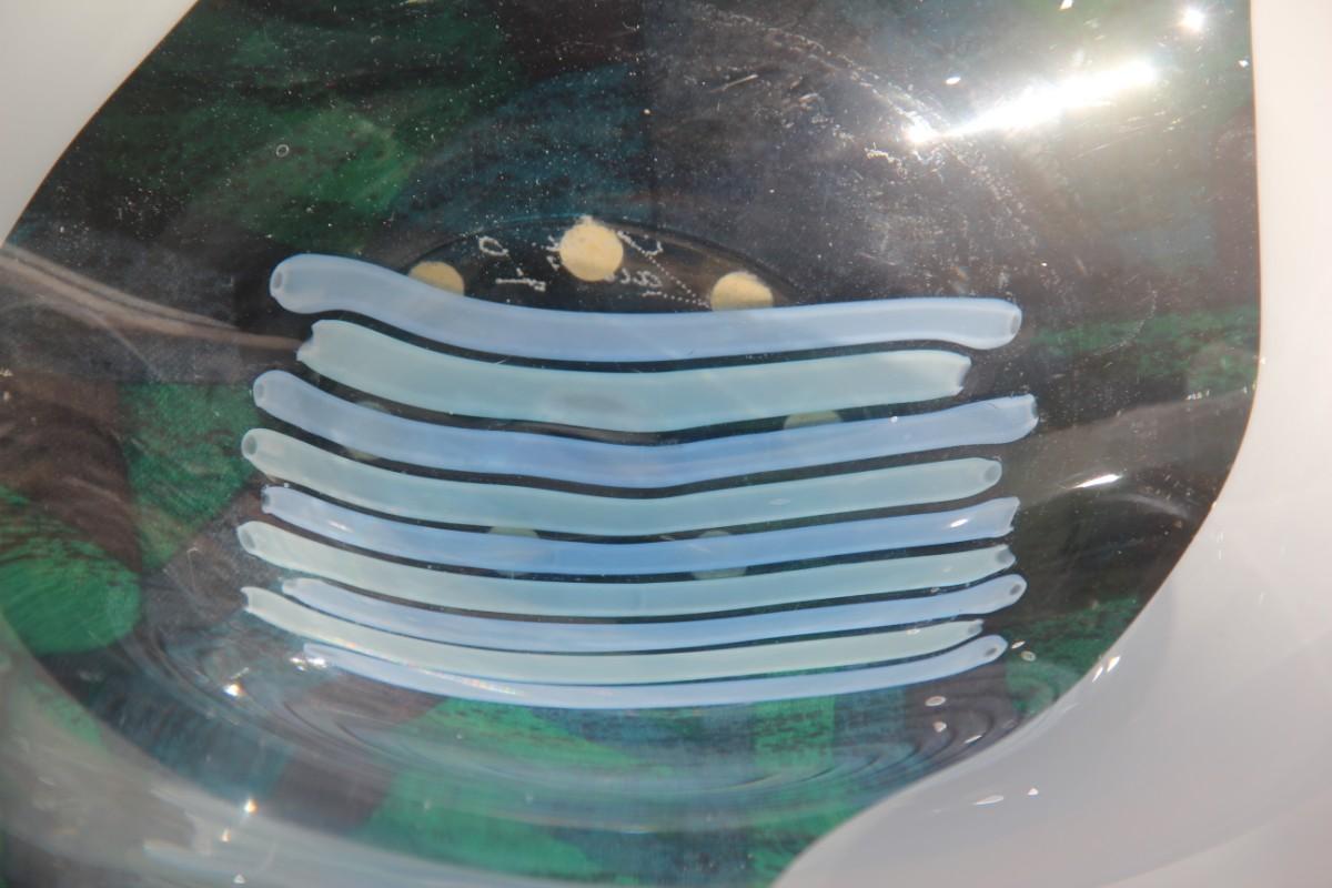 Mid-Century Modern Zanetti Big Bowl in Murano Glass White and Light Blue Clear Shell Design