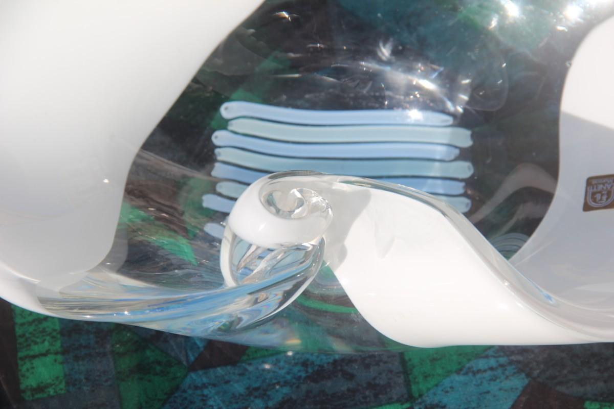 Zanetti Big Bowl in Murano Glass White and Light Blue Clear Shell Design In Good Condition In Palermo, Sicily