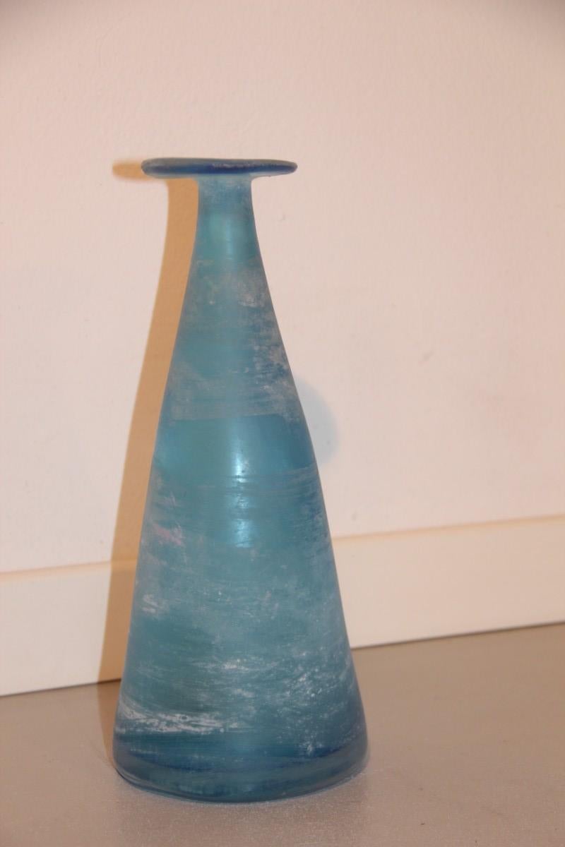 Zanetti Blu Murano art glass bottle 1960 etched glass Italian design minimal.