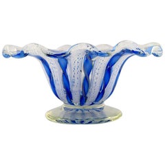 "Zanfirico" Murano, Blue Bowl on Foot in Mouth Blown Art Glass, 1960s