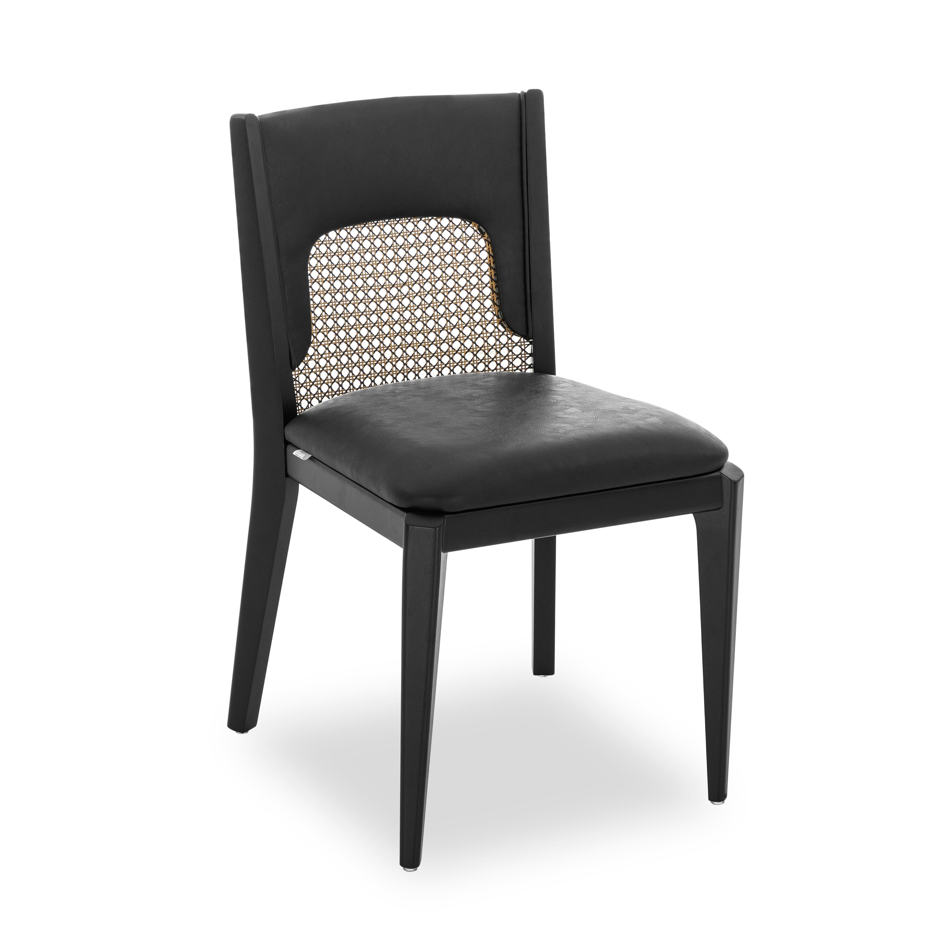 Brazilian Zani Dining Chair in Black Upholstery Back and Black Wood Finish, Set of 2 For Sale