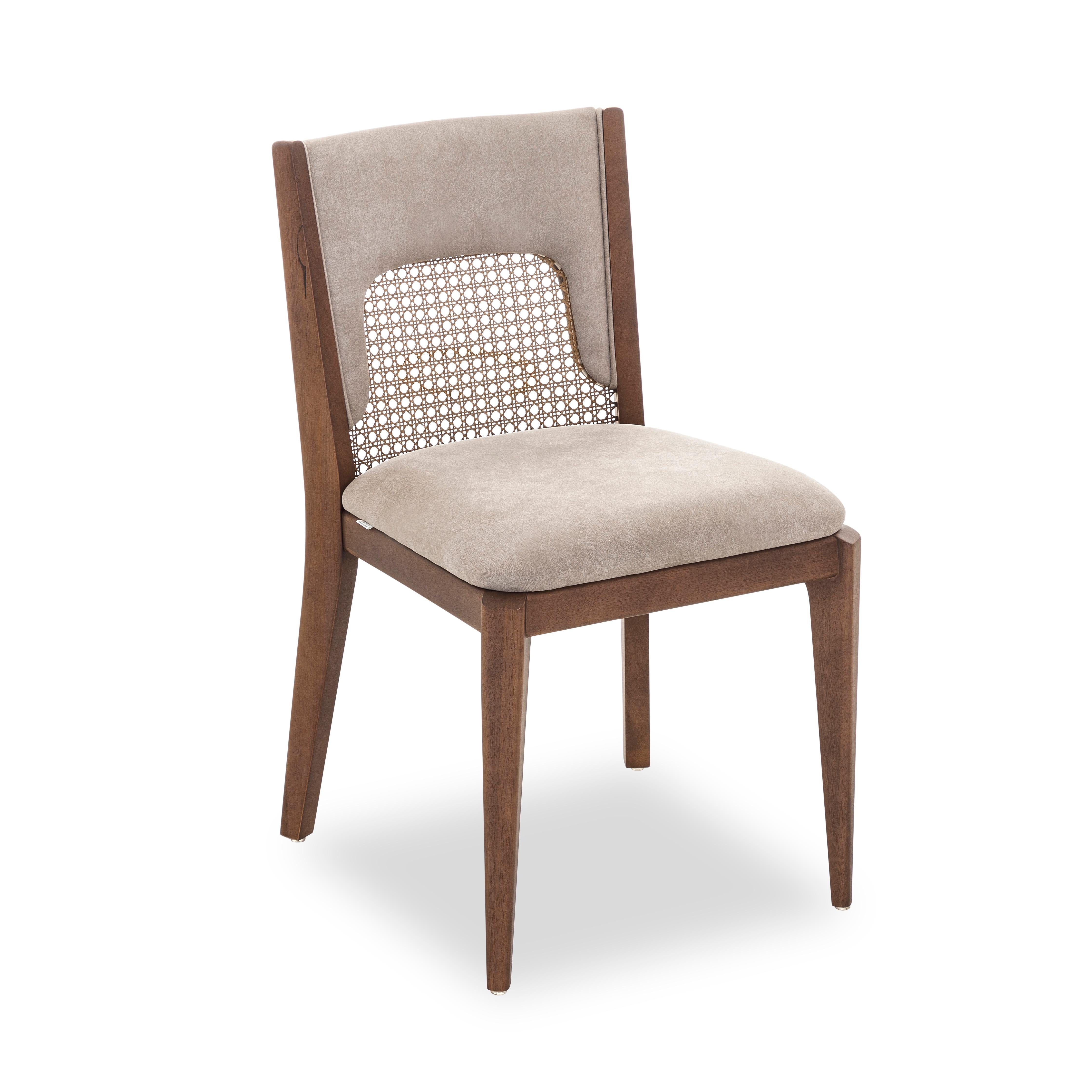 Brazilian Zani Dining Chair in Light Brown Upholstery and Walnut Wood Finish, Set of 2 For Sale