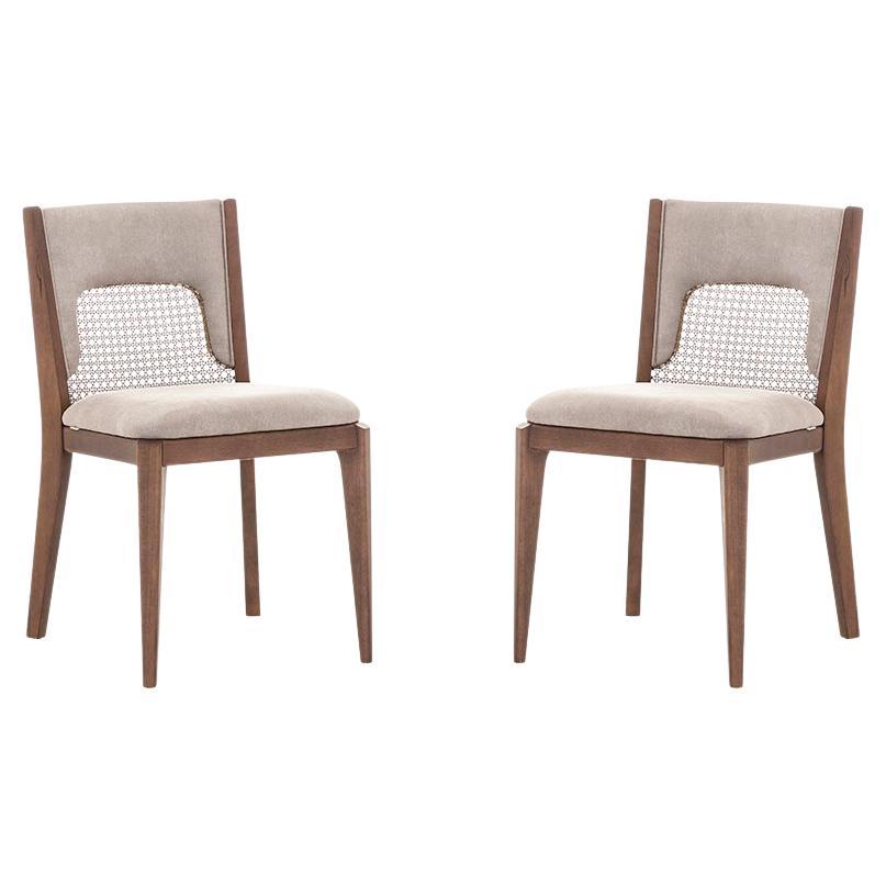 Zani Dining Chair in Light Brown Upholstery and Walnut Wood Finish, Set of 2 For Sale