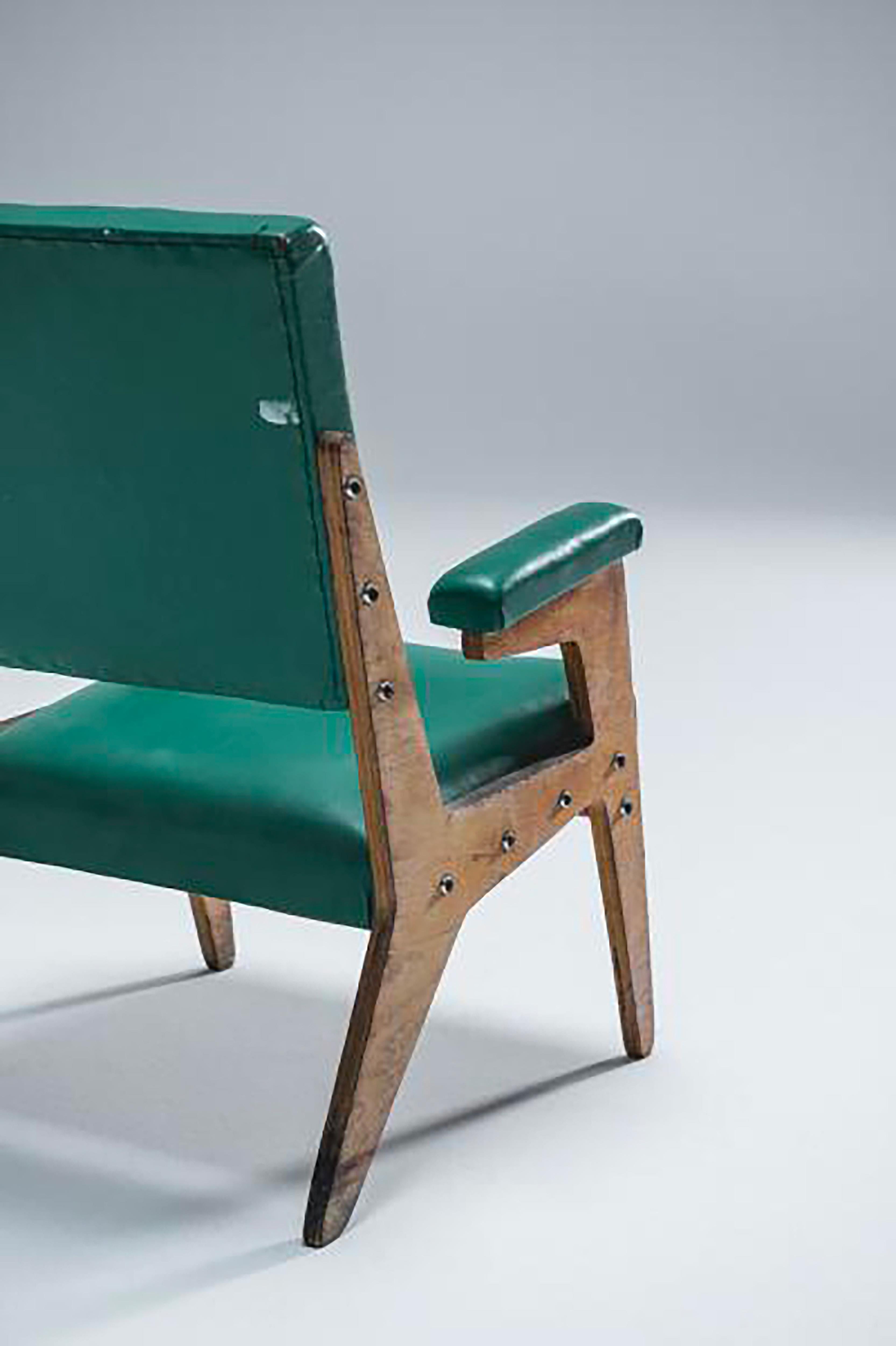 Zanine Caldas, Green Chair, C. 1950, Plywood and Green Synthetic Leather In Excellent Condition In PARIS, FR