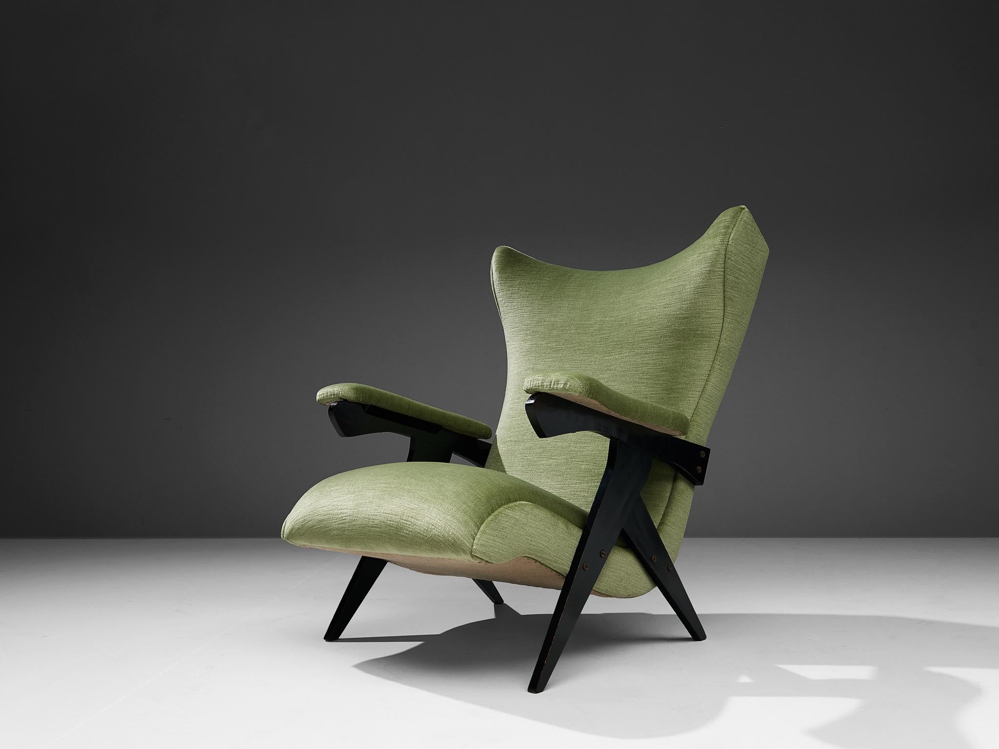 Mid-Century Modern Zanine Caldas High Back Armchair in Green Velvet Upholstery