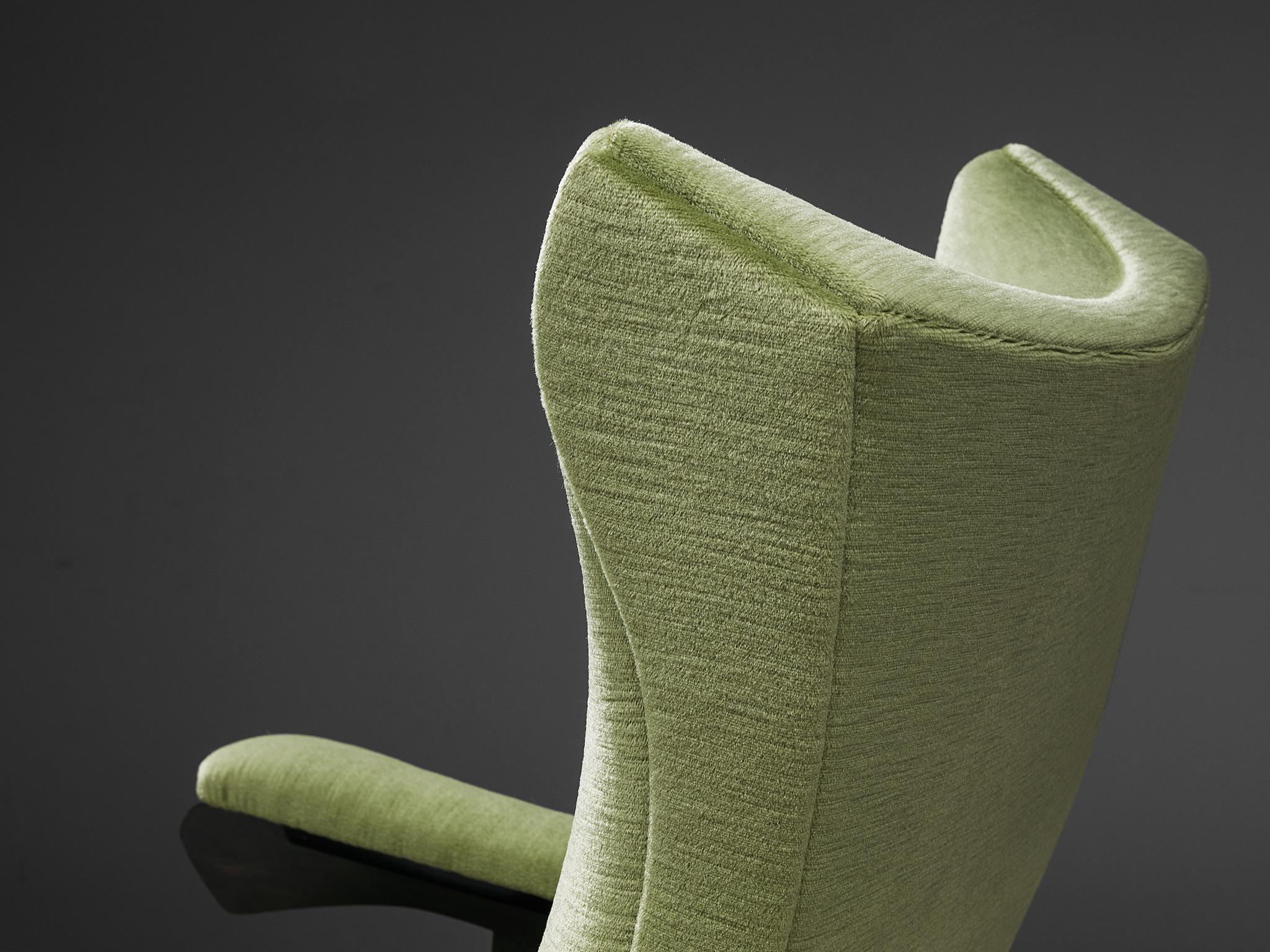 Wood Zanine Caldas High Back Armchair in Green Velvet Upholstery