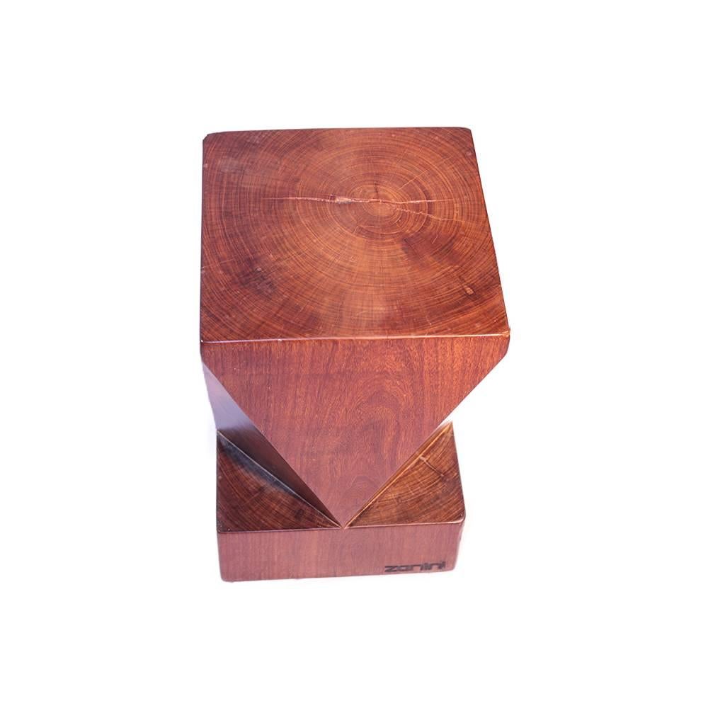 Offering a one of a kind old-growth Brazilian hardwood stool designed by Zanini de Zanine. The stool features very prominent wood grain markings in this geometric design and features the artist's wood brand signature.