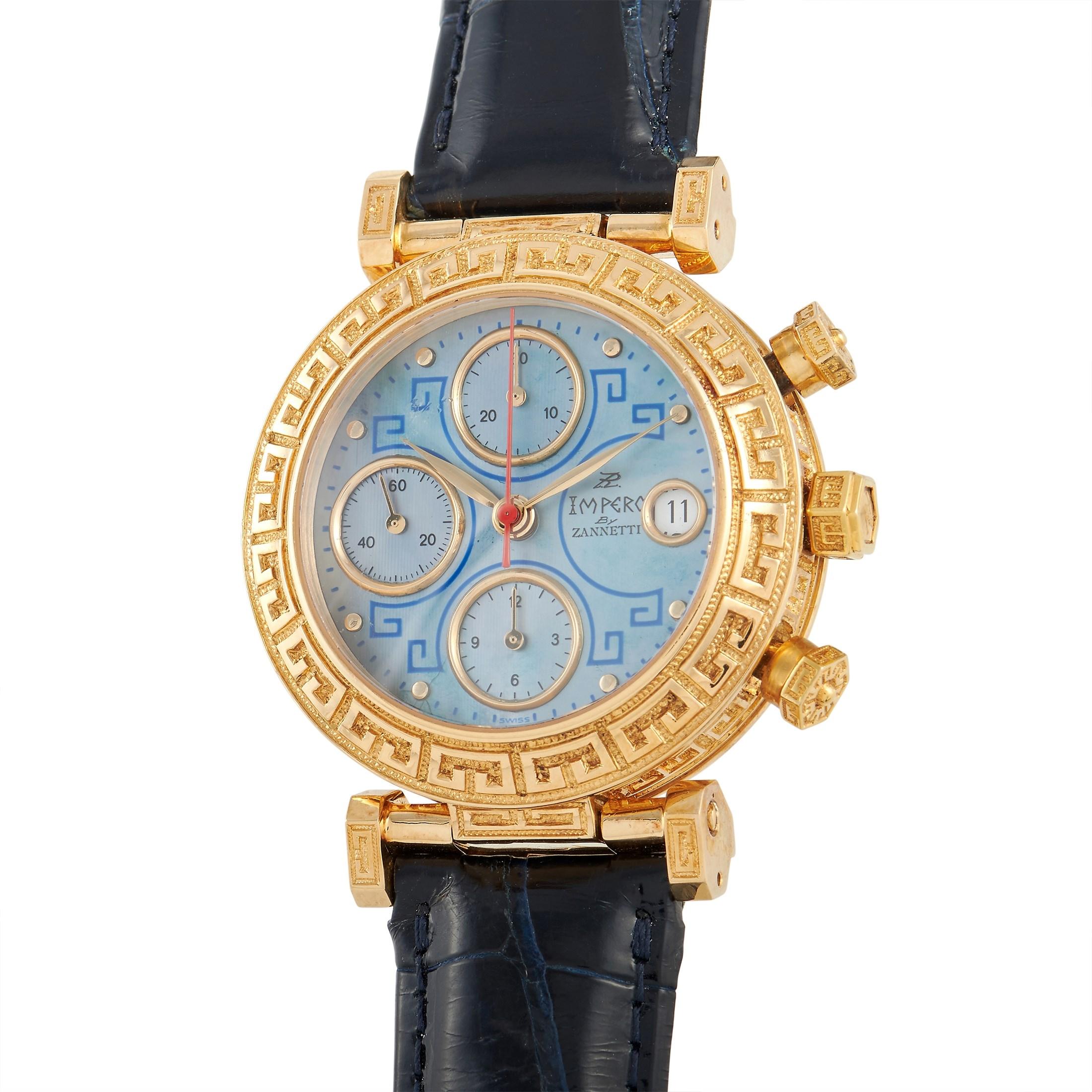Exuding a bold and confident look is this handcrafted Zannetti Impero 18K Gold Chronograph Watch from circa 1989. This unique timepiece has an 18K yellow gold three-piece case with a hand-engraved bezel. It has a Mother of Pearl dial with enameled
