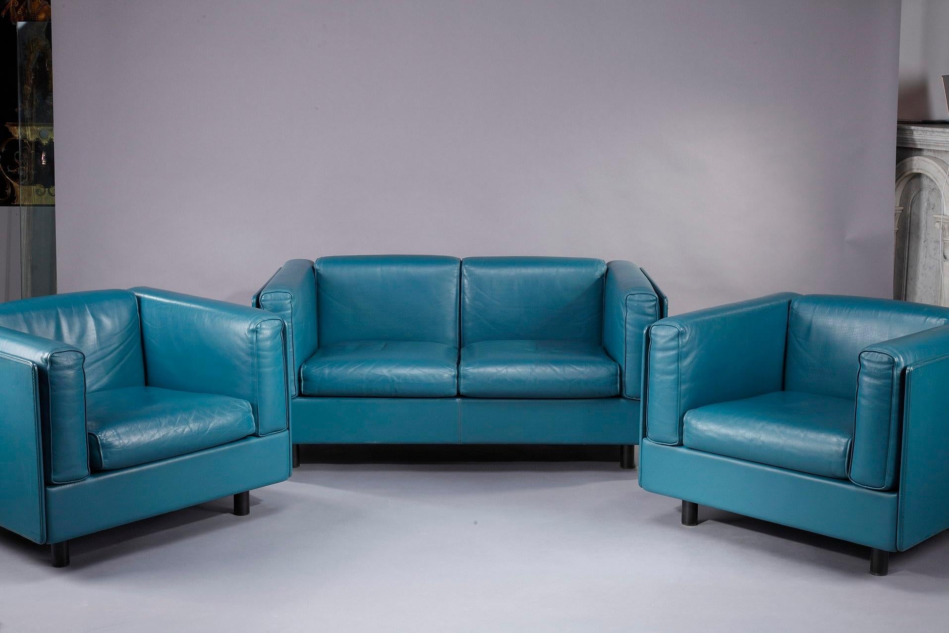 Zanotta 2-Seater Sofa in Blue Leather 2