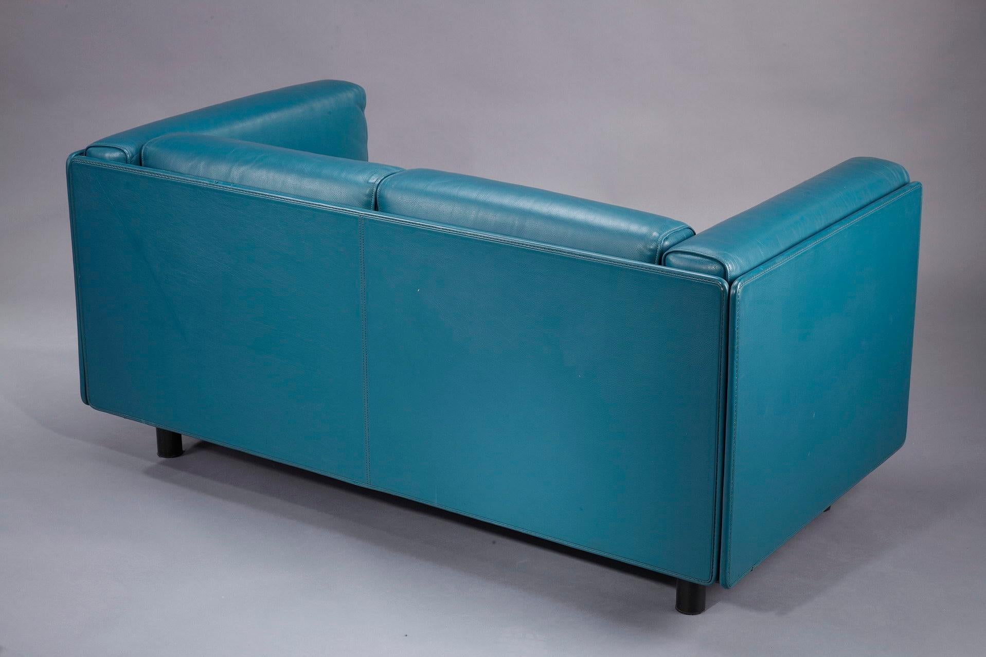 Mid-Century Modern Zanotta 2-Seater Sofa in Blue Leather