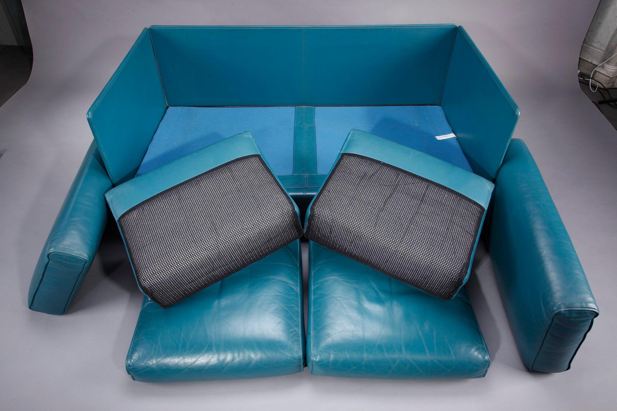 Metal Zanotta 2-Seater Sofa in Blue Leather