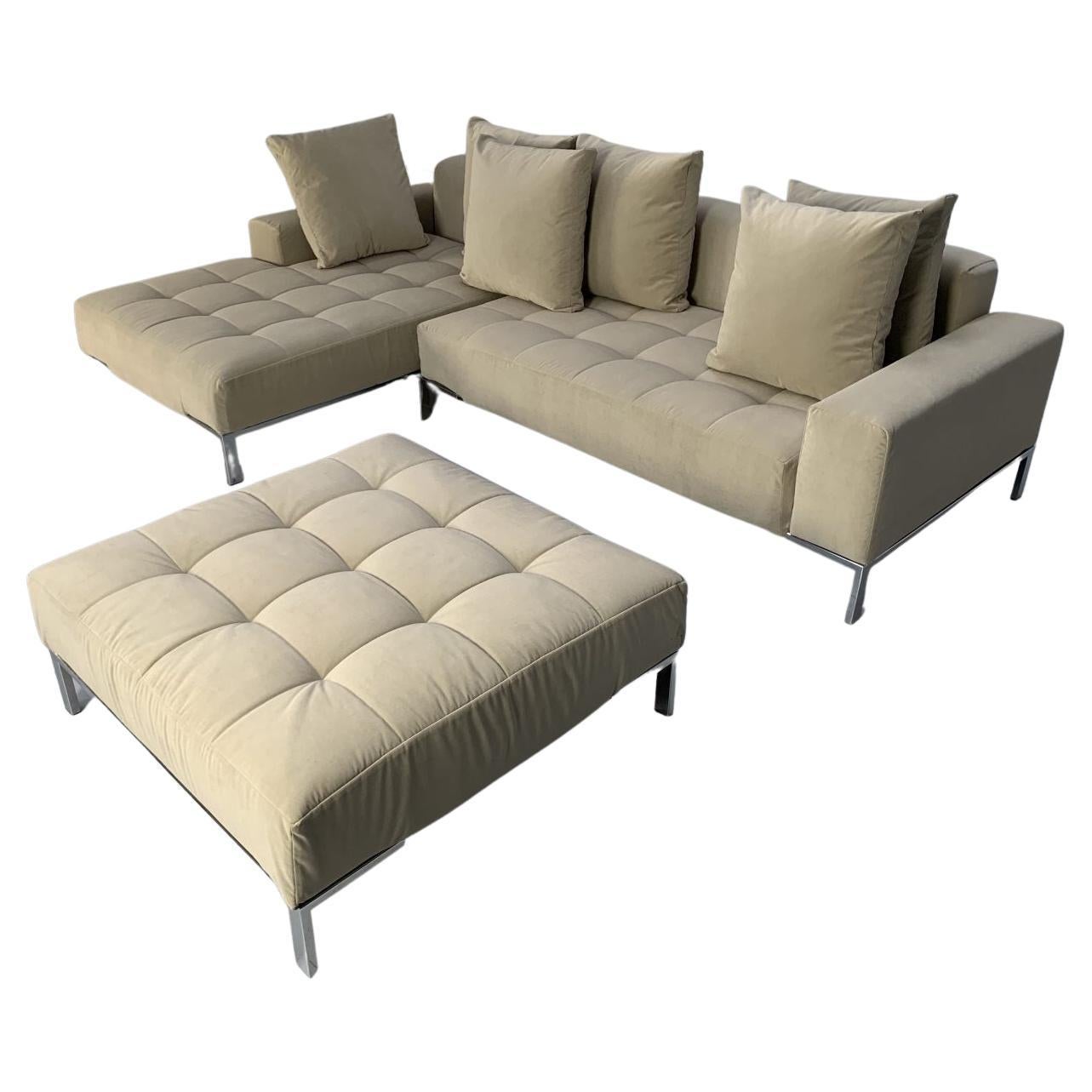 Zanotta “Alfa 1326” L- Shape Sofa & Ottoman in Pale Grey Velvet