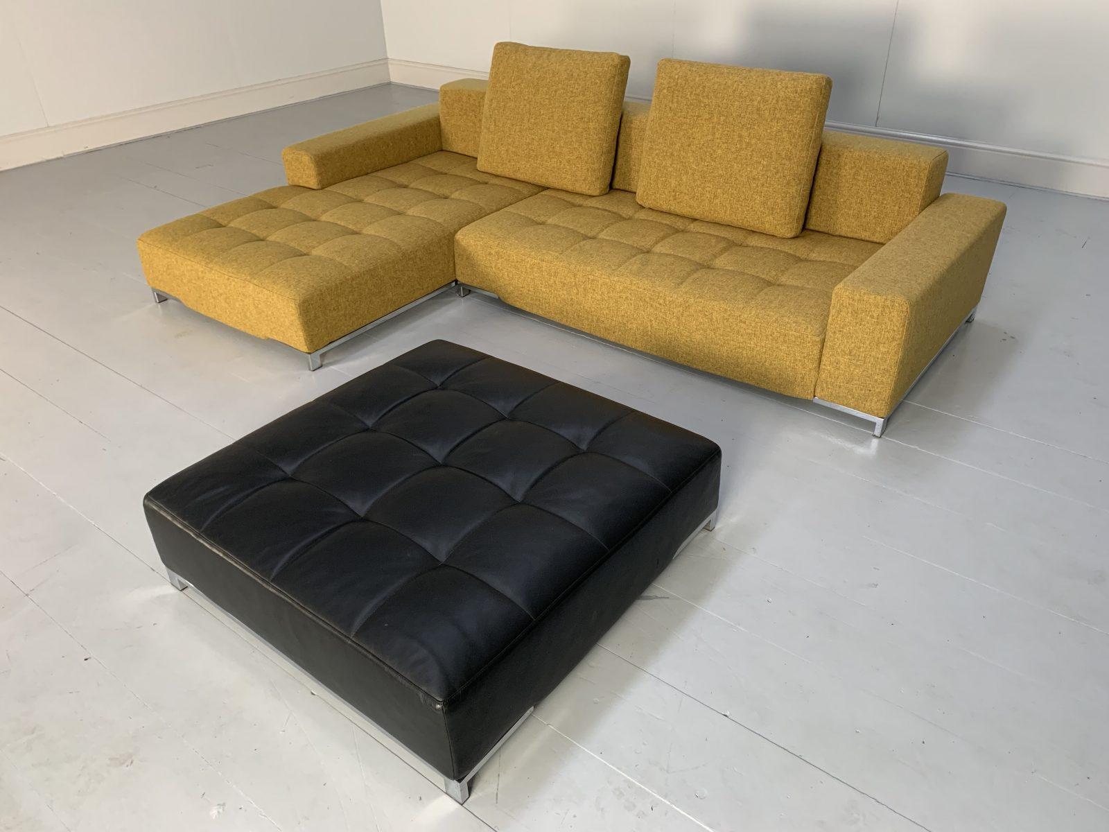 Zanotta “Alfa 1326” L- Shape Sofa & Ottoman in Yellow Linen & Black Leather In Good Condition For Sale In Barrowford, GB