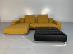 Zanotta “Alfa 1326” L- Shape Sofa & Ottoman in Yellow Linen & Black Leather