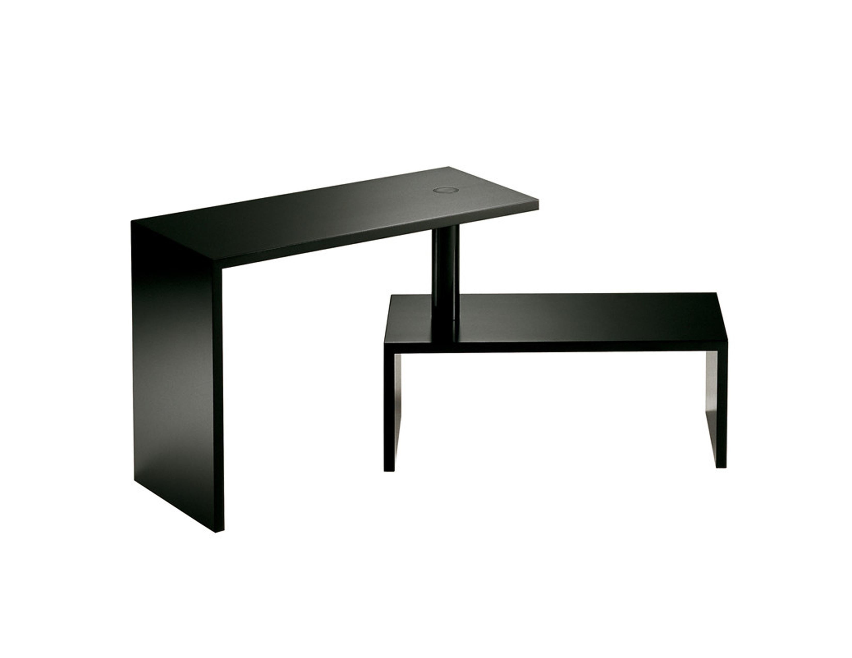 Double height small table with variable spread. Frame in medium density fiberboard finished with scratch resistant embossing in the shades white, black or burgundy. Steel articulated joint in the shade black for the models black or burgundy, or in