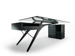 Zanotta Cavour CM Writing Desk in Smoky Glass Top with Black Varnished Oak Frame